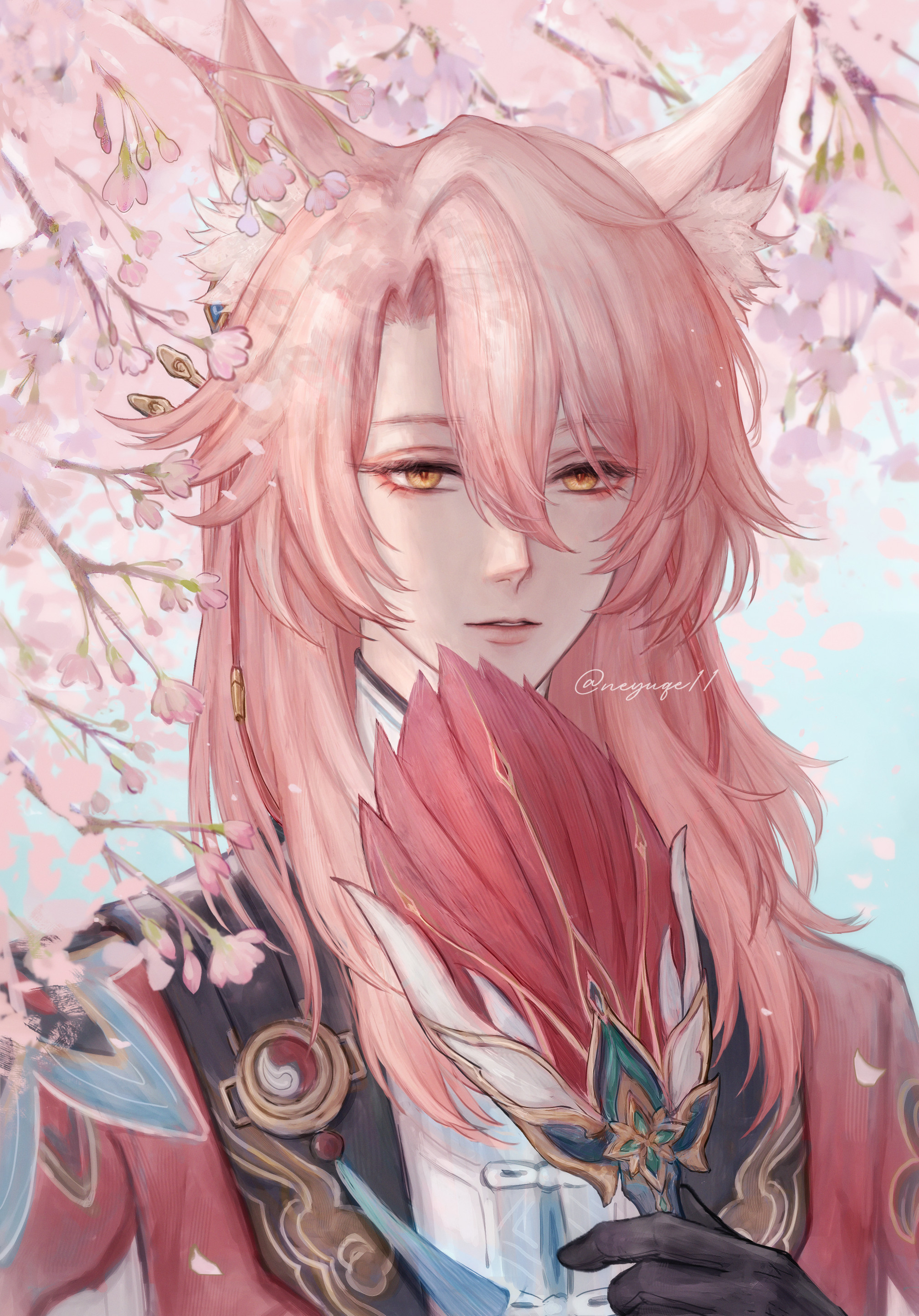 jiaoqiu (honkai: star rail), honkai: star rail, honkai (series), absurdres, highres, 1boy, animal ear fluff, animal ears, black gloves, cherry blossoms, fox boy, fox ears, gloves, hand fan, holding, holding fan, jacket, long hair, male focus, neyuqe11, parted hair, parted lips, pink hair, red jacket, shirt, solo, tree, upper body, white shirt, yellow eyes
