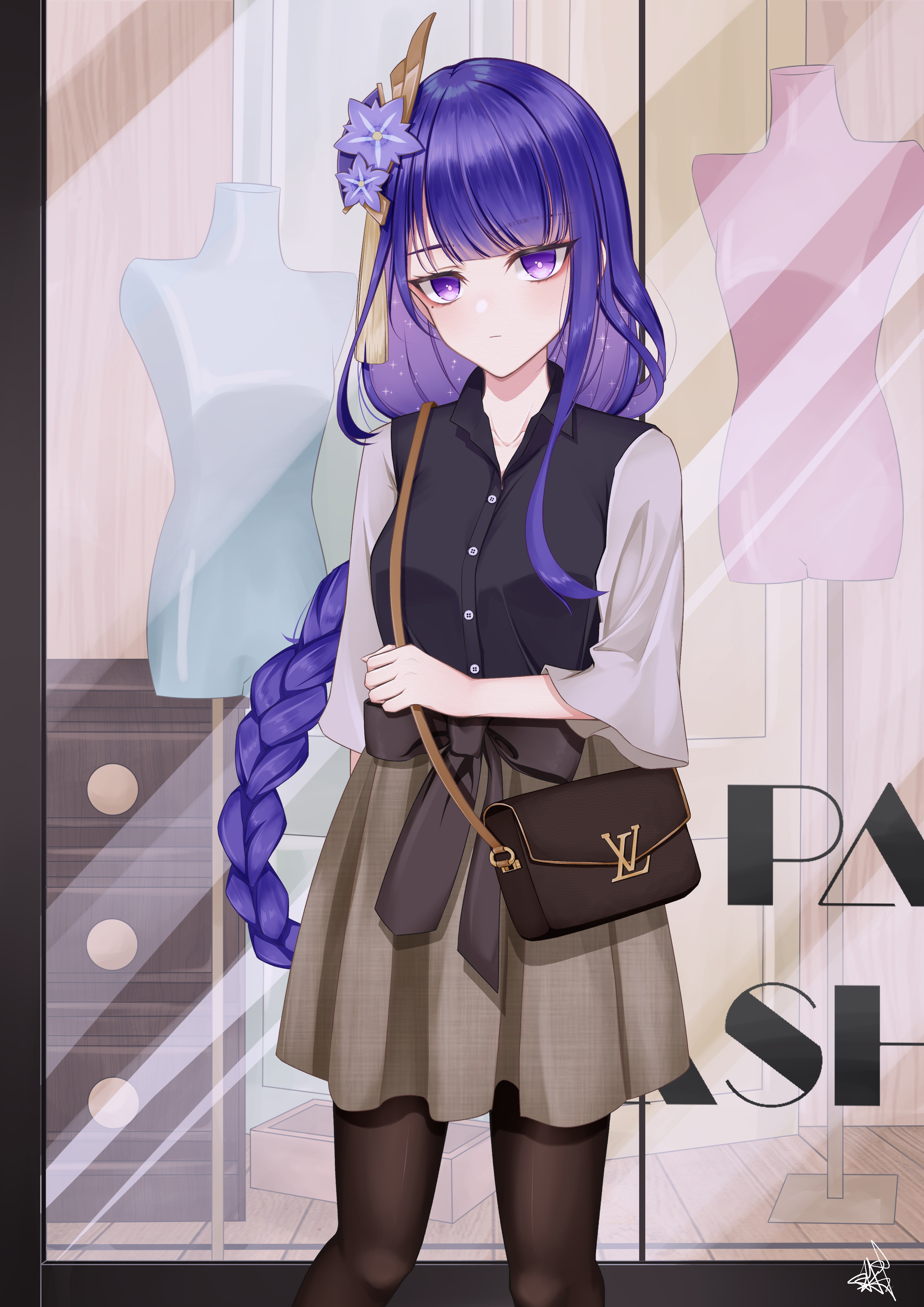 animateworld, raiden shogun, genshin impact, absurdres, commentary, highres, 1girl, alternate costume, black pantyhose, braid, collared shirt, fan hair ornament, gradient hair, hair ornament, long braid, long hair, long sleeves, looking at viewer, multicolored hair, outdoors, pantyhose, purple eyes, purple hair, shade, shirt, single braid, skirt, solo, sparkle, standing, upper body