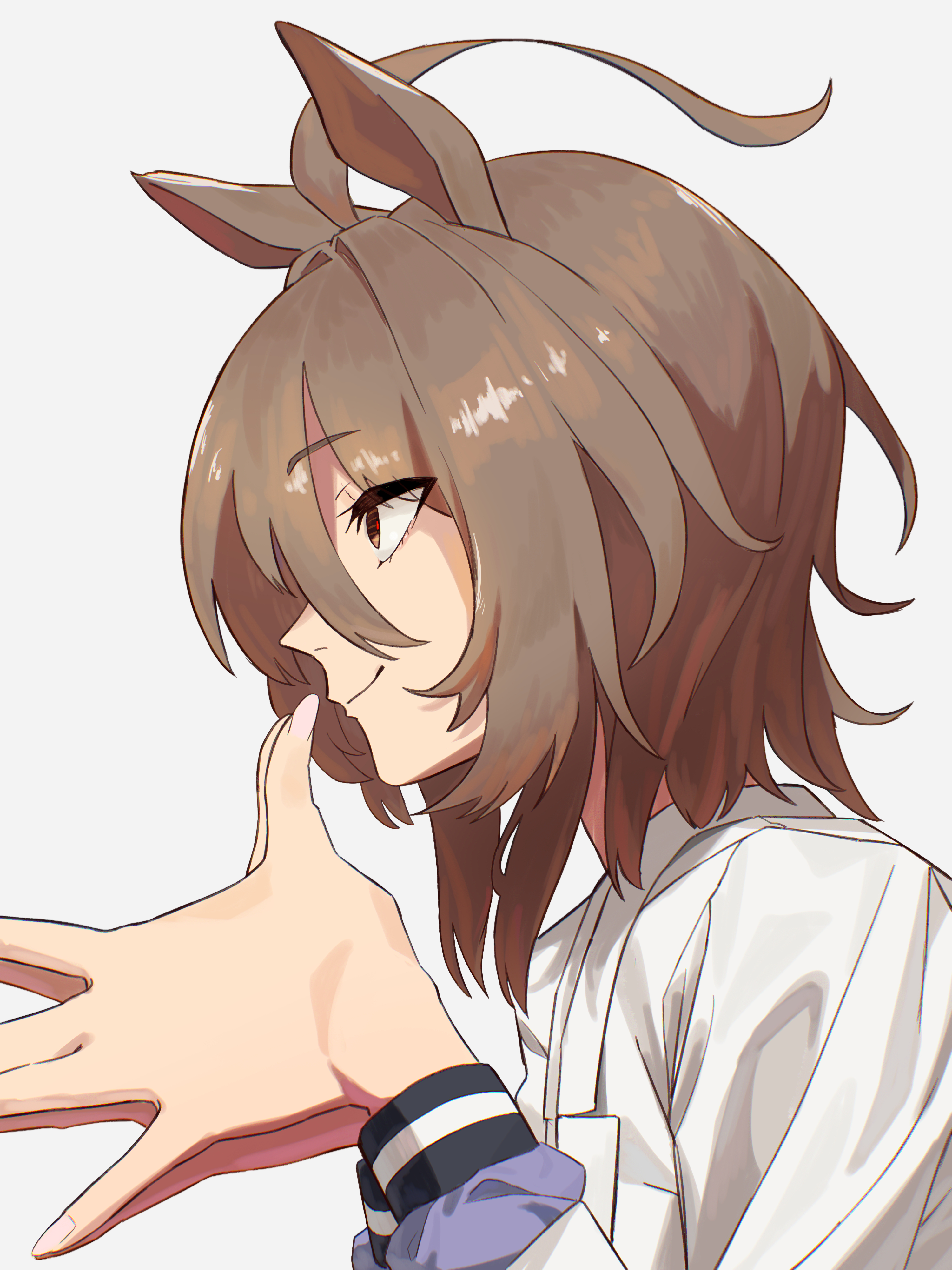 fuse gomame, agnes tachyon (umamusume), umamusume, absurdres, commentary request, highres, 1girl, ahoge, animal ears, brown eyes, brown hair, closed mouth, from side, horse ears, horse girl, own hands together, simple background, smile, solo, white background