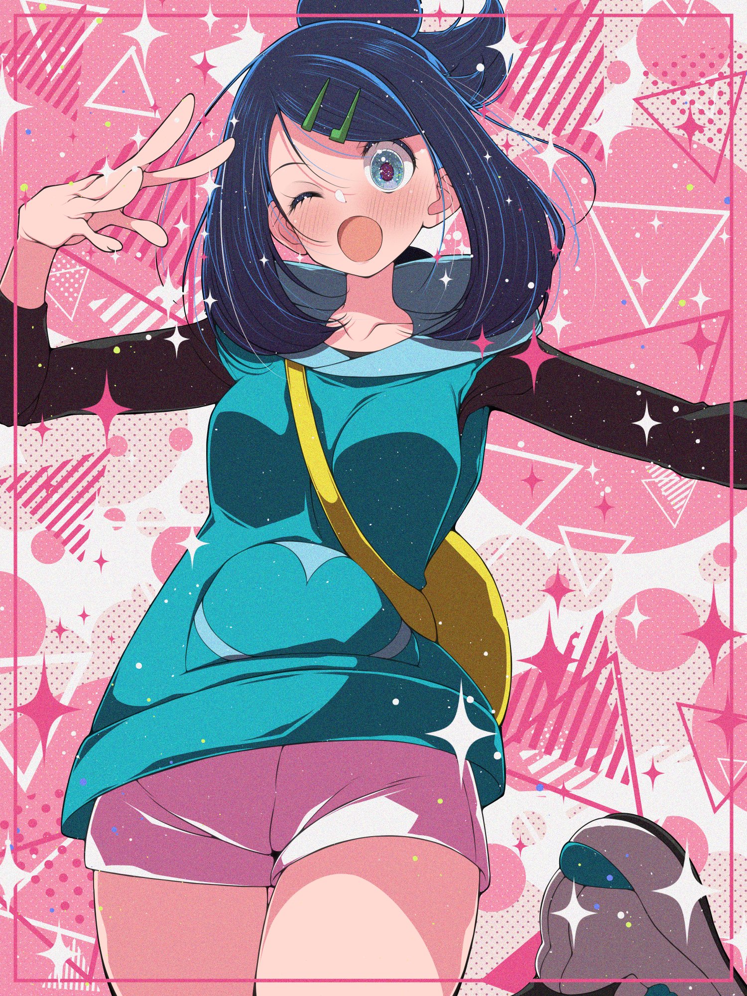 fujiwara hiro (kaede ciao), liko (pokemon), nintendo, pokemon, pokemon (anime), pokemon horizons, commentary request, highres, 1girl, bag, black hair, blue eyes, blue hair, blush, cowlick, eyelashes, hair ornament, hairclip, hood, hoodie, long sleeves, looking at viewer, multicolored hair, one eye closed, open mouth, shirt, shorts, sleeveless, smile, white shorts, yellow bag