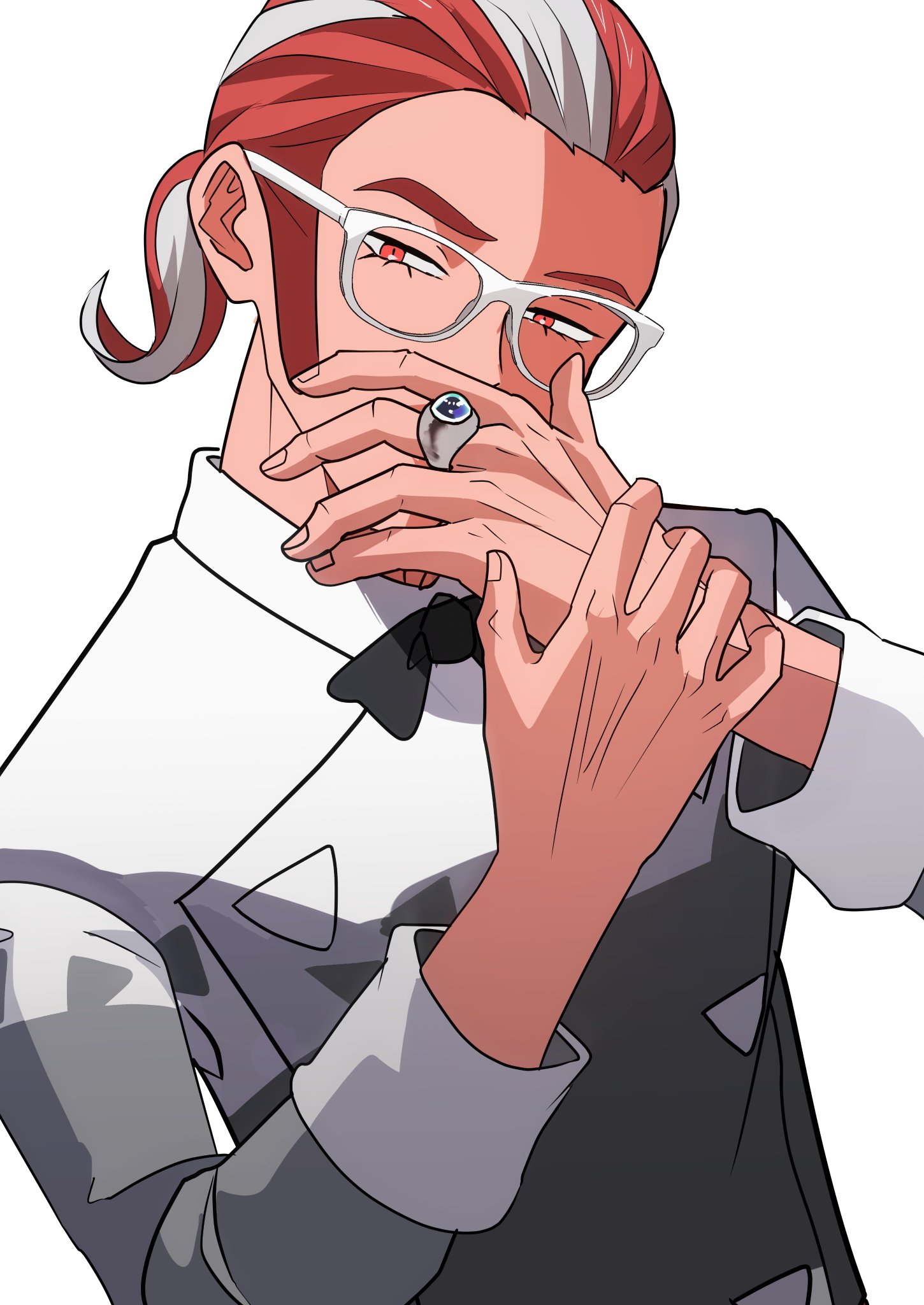 akisame kanon, grisham (pokemon), nintendo, pokemon, pokemon legends: z-a, commentary request, highres, 1boy, arms up, black bow, black bowtie, bow, bowtie, collared shirt, covering own mouth, glasses, jewelry, long sleeves, looking to the side, male focus, mega stone, multicolored hair, ponytail, red eyes, red hair, ring, shirt, sideburns, sideways glance, sleeve cuffs, solo, upper body, white-framed eyewear, white background, white hair, white shirt