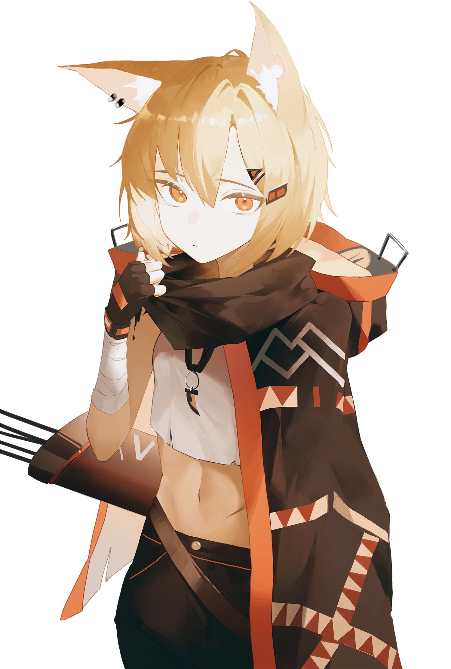 vermeil (arknights), arknights, commentary, highres, 1girl, animal ears, blonde hair, crop top, fingerless gloves, fox ears, fox girl, gloves, midriff, navel, notched ear, quiver, simple background, sla2h help, solo, white background