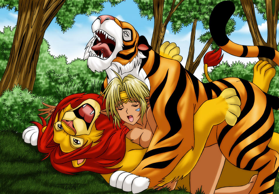 aisha clanclan, aladdin (disney), rajah, simba, disney, outlaw star, the jungle book, the lion king, 1girl, anal, bestiality, blonde hair, closed eyes, crossover, double penetration, from behind, grass, group sex, lion, long hair, nude, open mouth, outdoors, pointy ears, sex, sky, tail, tiara, tiger, tree, vaginal