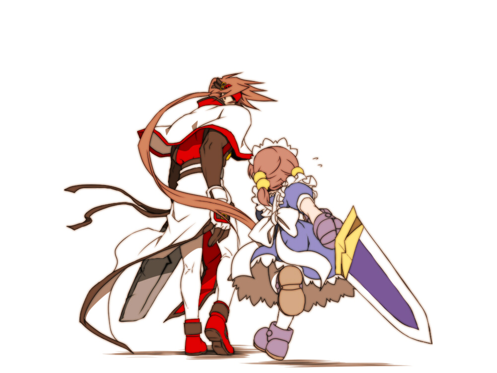 esaka, fiona mayfield, order-sol, order sol, sol badguy, aq interactive, arc system works, arcana heart, atlus, examu, guilty gear, m.u.g.e.n, bad id, 1boy, 1girl, armor, armored dress, brown hair, concrete, crossover, dress, from behind, gloves, looking back, ribbon, running, short twintails, sword, twintails, weapon