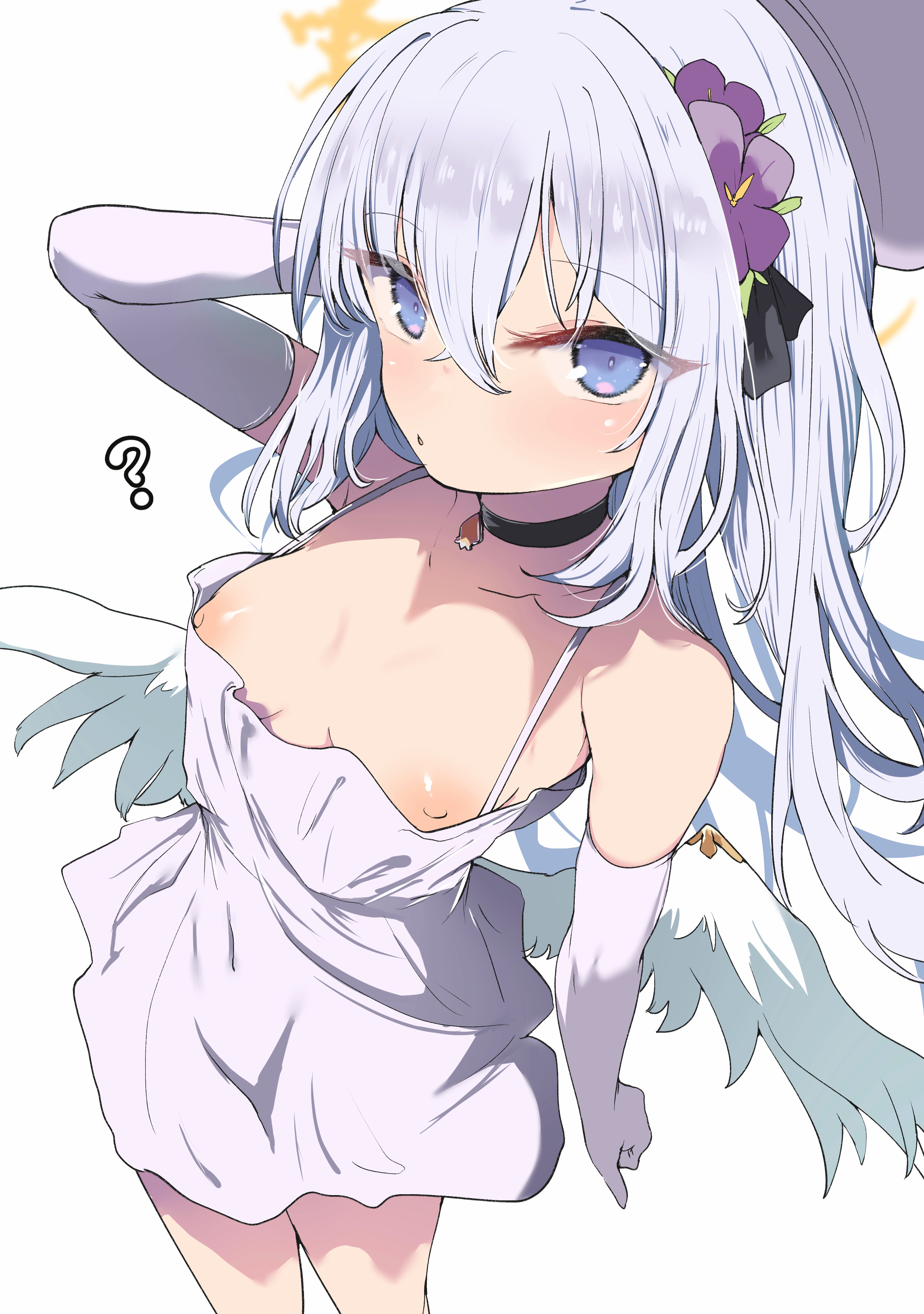 kawa mura, azusa (blue archive), michiru (blue archive), michiru (dress) (blue archive), blue archive, absurdres, commentary request, highres, 1girl, ?, angel wings, black choker, choker, cosplay, crescent halo, crossed bangs, dress, elbow gloves, feathered wings, flower, gloves, hair flower, hair ornament, halo, long hair, looking at viewer, michiru (blue archive) (cosplay), nipple slip, nipples, purple flower, solo, white background, white dress, white gloves, white wings, wings, yellow halo