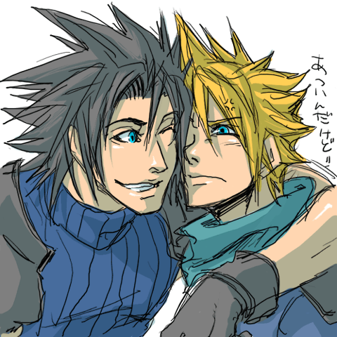 final fantasy, lowres, 2boys, black hair, blonde hair, blue eyes, male focus, multiple boys, smile