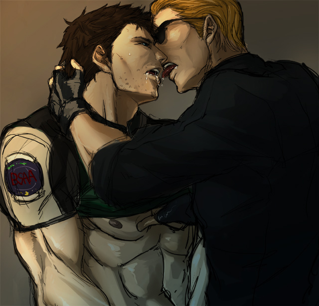 albert wesker, chris redfield, resident evil, bara, brown hair, glasses, kiss, male focus, muscular, saliva, yaoi