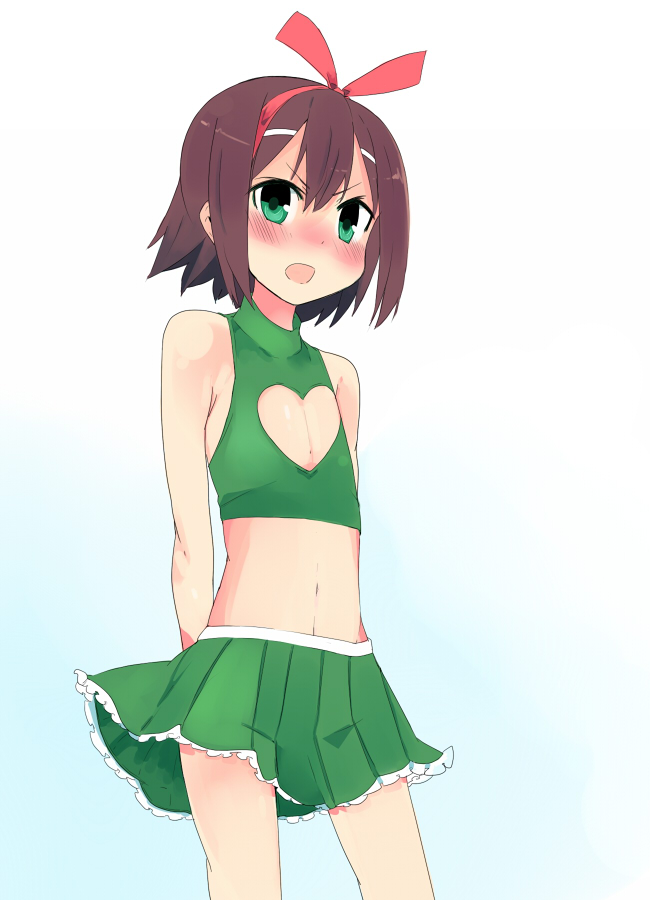 kanikama, kinoshita hideyoshi, baka to test to shoukanjuu, 1boy, brown hair, crossdressing, crossdressing (mtf), flat chest, green eyes, male focus, midriff, navel, short hair, solo, trap