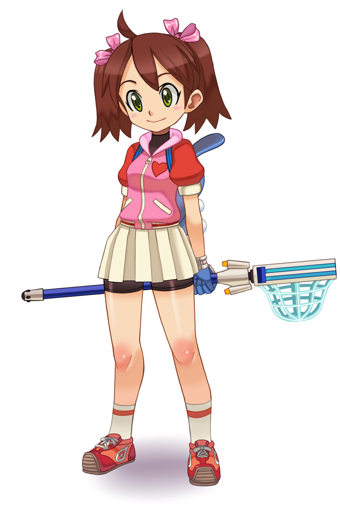 ryuntack, sayaka (saru getchu), saru getchu, bad id, bad pixiv id, 1girl, ahoge, arms behind back, backpack, bag, bike shorts, bike shorts under skirt, blush, brown hair, female focus, gloves, green eyes, hair ribbon, hand net, heart, jacket, net, rabbit, randoseru, ribbon, shoes, short hair, short twintails, shorts, shorts under skirt, skirt, smile, sneakers, socks, solo, turtleneck, twintails, zipper