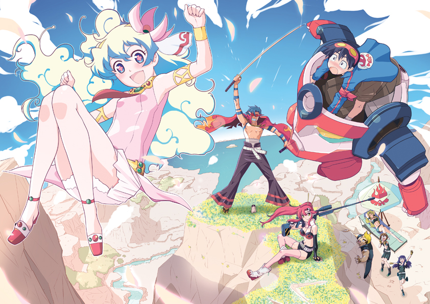 touge hiro, boota (ttgl), kamina (ttgl), kinon bachika, kittan bachika, kiyal bachika, kiyoh bachika, lagann, nia teppelin, simon (ttgl), yoko littner, tengen toppa gurren lagann, official art, 00s, 3boys, 5girls, blue hair, cape, day, falling, long hair, multicolored hair, multiple boys, multiple girls, ponytail, red hair, sky, sword, weapon