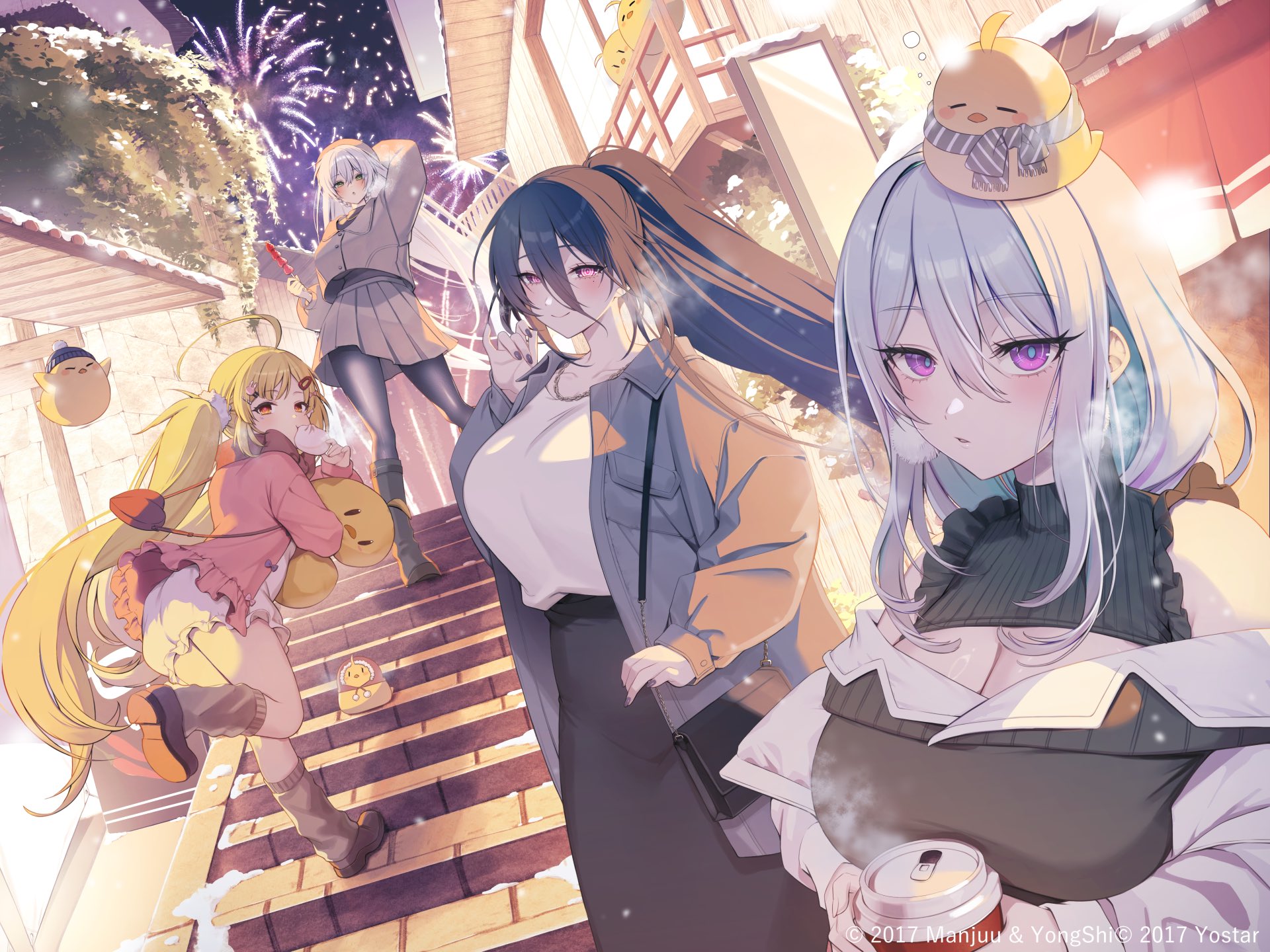 tarou (komekueyo), eldridge (azur lane), enterprise (azur lane), kansas (azur lane), kearsarge (azur lane), manjuu (azur lane), azur lane, commentary request, highres, official art, 4girls, aerial fireworks, ahoge, black hair, black pantyhose, blonde hair, breasts, cleavage, closed mouth, coat, fireworks, food in mouth, grey hair, large breasts, long hair, looking at viewer, multiple girls, navel, open clothes, open coat, outdoors, pantyhose, parted lips, purple eyes, running, shirt, skirt, smile, stairs, standing, very long hair, white shirt