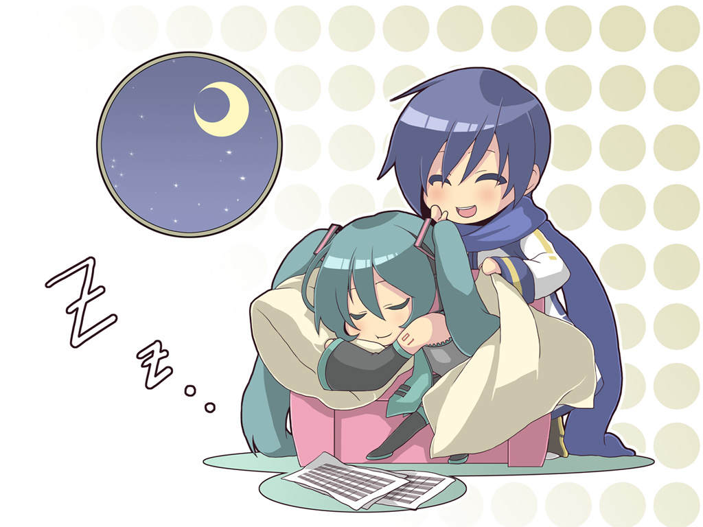 tomo (sjim), hatsune miku, kaito (vocaloid), tomo, vocaloid, 1boy, 1girl, :t, blanket, chibi, closed eyes, crescent, crescent moon, detached sleeves, moon, night, pillow, sheet music, sky, sleeping, star (symbol), twintails, zzz