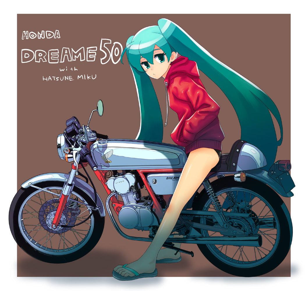 boyaking, hatsune miku, honda, vocaloid, vehicle, md5 mismatch, 1girl, aqua eyes, aqua hair, casual, female focus, flip-flops, hood, hoodie, long hair, motor vehicle, motorcycle, sandals, short shorts, shorts, solo, twintails, very long hair
