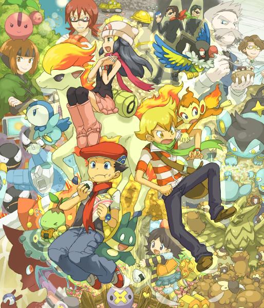 yapo (mess), barry (pokemon), bidoof, bronzor, chatot, cherubi, chimchar, combee, dawn (pokemon), drifloon, gardenia (pokemon), gastly, lucas (pokemon), luxio, mars (pokemon), munchlax, paka (pokemon), piplup, ponyta, professor rowan, purugly, roark (pokemon), shinx, staraptor, turtwig, uji (pokemon), zubat, nintendo, pokemon, pokemon adventures, jpeg artifacts, 3girls, 6+boys, gen 1 pokemon, gen 4 pokemon, multiple boys, multiple girls, pokemon (creature), starter pokemon trio