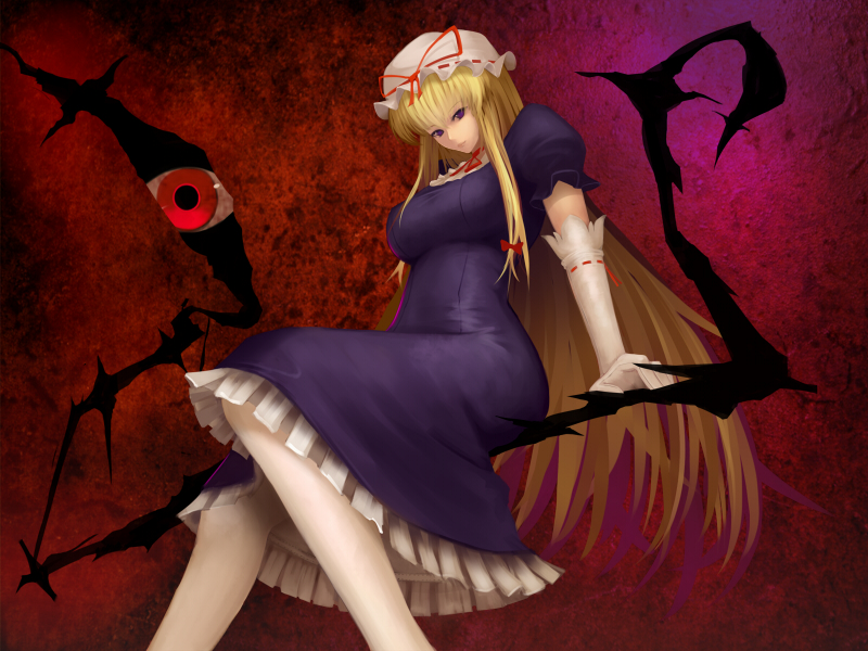 0726, yakumo yukari, touhou, bad id, bad pixiv id, 1girl, blonde hair, breasts, dress, elbow gloves, female focus, gap (touhou), gloves, gradient background, hat, long hair, pantyhose, purple eyes, solo, white pantyhose