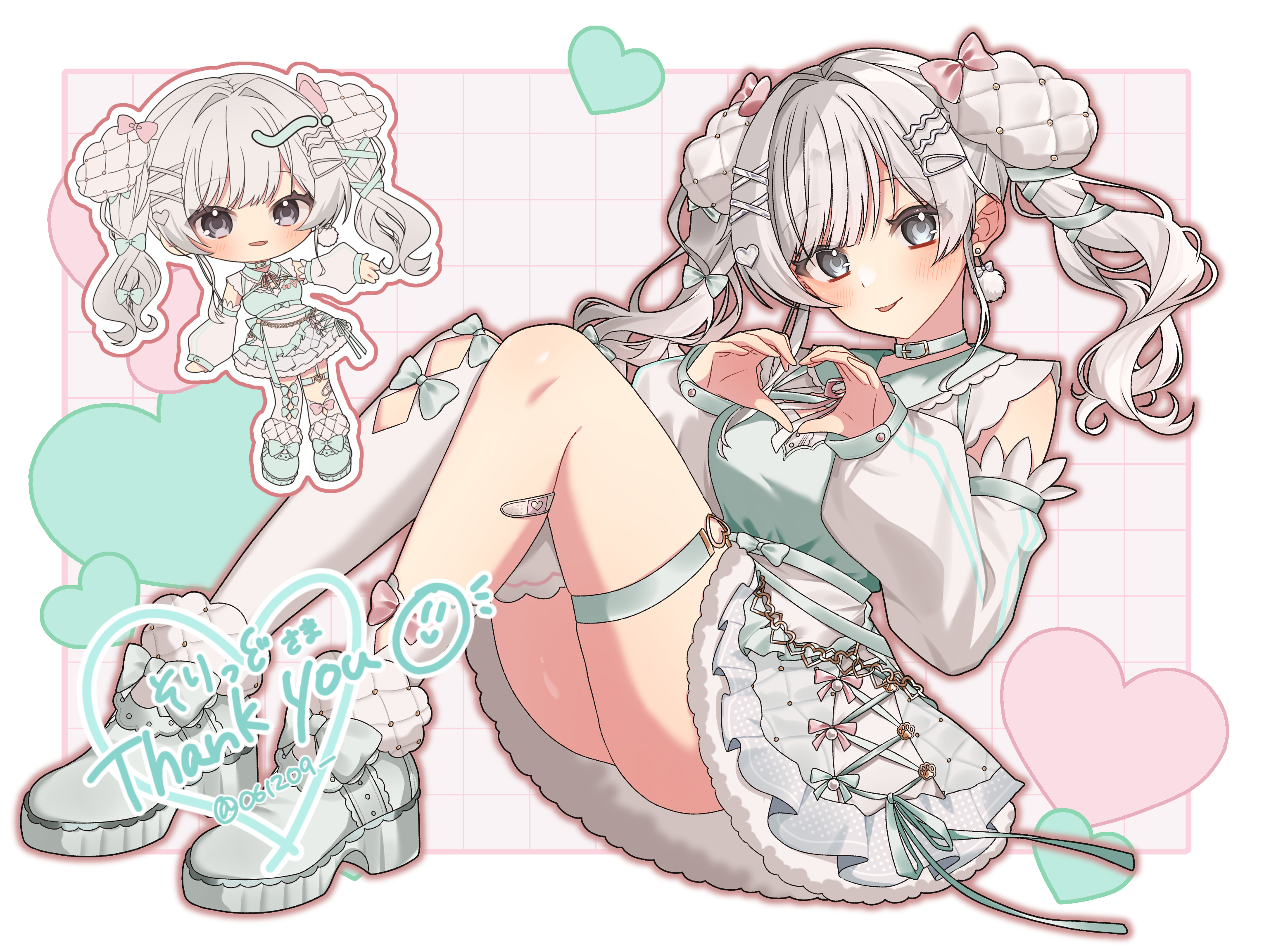 indie virtual youtuber, commentary request, commission, highres, second-party source, skeb commission, 1girl, :p, bandaid, bandaid on leg, border, bow, bow legwear, breasts, chibi, choker, detached sleeves, earrings, footwear bow, full body, fur-trimmed skirt, fur trim, green choker, green shirt, grid background, hair bow, hair intakes, hair ornament, hairclip, hands up, heart, heart hair ornament, heart hands, high-waist skirt, jewelry, legs together, light smile, long hair, long sleeves, looking at viewer, medium breasts, momoshiro itoha, multiple views, o-ring, o-ring thigh strap, o612o9, outline, outside border, padded footwear, pink background, pink outline, platform shoes, pom pom (clothes), pom pom earrings, reclining, sailor collar, shirt, single thighhigh, skirt, swept bangs, thank you, thigh strap, thighhighs, tongue, tongue out, twintails, wavy hair, white border, white eyes, white hair, white skirt, white thighhighs, x hair ornament