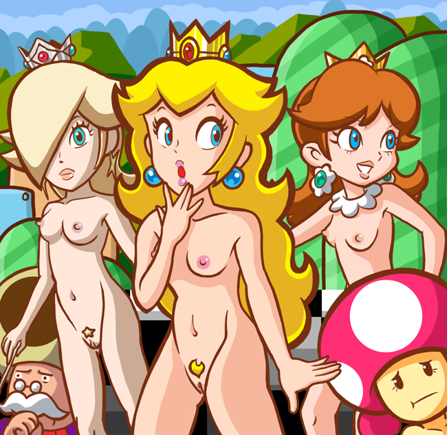 alcnx, princess daisy, princess peach, rosalina, toadette, toadsworth, mario (series), nintendo, super mario bros. 1, super mario galaxy, super mario land, super princess peach, 1boy, 4girls, :t, aqua eyes, blonde hair, blue eyes, breasts, brown hair, covered erect nipples, crown, earrings, facial hair, female pubic hair, glasses, hair over one eye, jewelry, lipstick, long hair, looking at viewer, makeup, mountain, multiple girls, mustache, navel, nipples, nude, orange hair, outdoors, pince-nez, pink lips, princess, pubic hair, pussy, small breasts, standing, uncensored