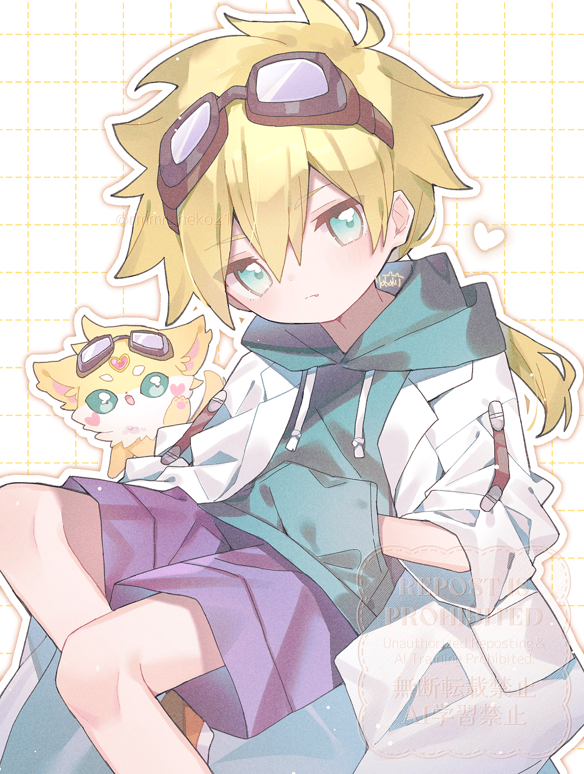 eringikinono, precure, commentary, highres, 1boy, blonde hair, closed mouth, coat, creature, creature and personification, dot nose, dual persona, expressionless, goggles, goggles on head, green eyes, green hoodie, heart, hood, hoodie, jett (human) (precure), jett (precure), jitome, long hair, looking at viewer, low ponytail, meitantei precure!, personification, ponytail, purple shorts, shorts, white coat