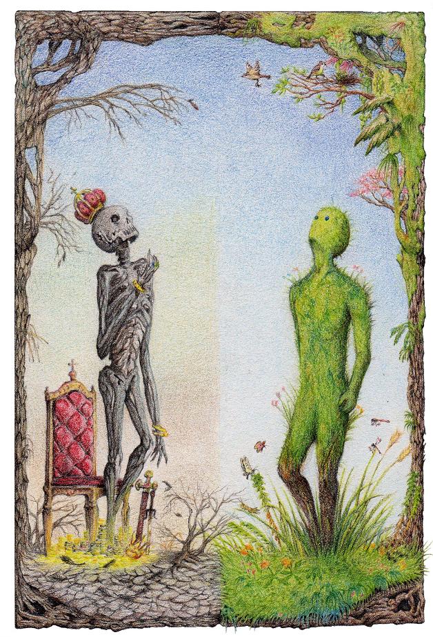 cho-san, bad id, bad pixiv id, bird, blue eyes, bug, butterfly, chair, crown, dragonfly, gold, grass, jewelry, skeleton, surreal, sword, weapon