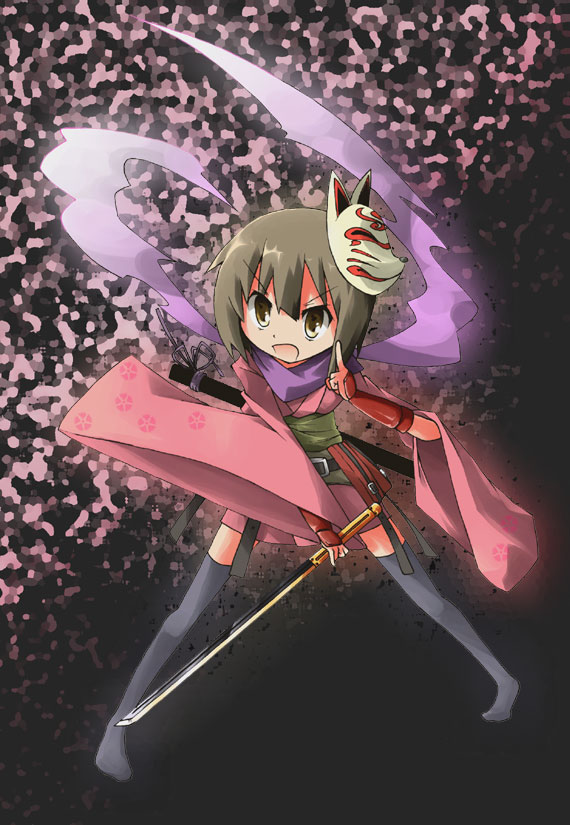 ara ta, harada (sansei rain), shinobi (sekaiju), shinobi 4 (sekaiju), atlus, etrian odyssey, sekaiju no meikyuu, sekaiju no meikyuu 3, bad id, bad pixiv id, 1girl, black hair, black thighhighs, brown eyes, female focus, fox mask, gauntlets, japanese clothes, katana, mask, sheath, short hair, solo, sword, thighhighs, weapon