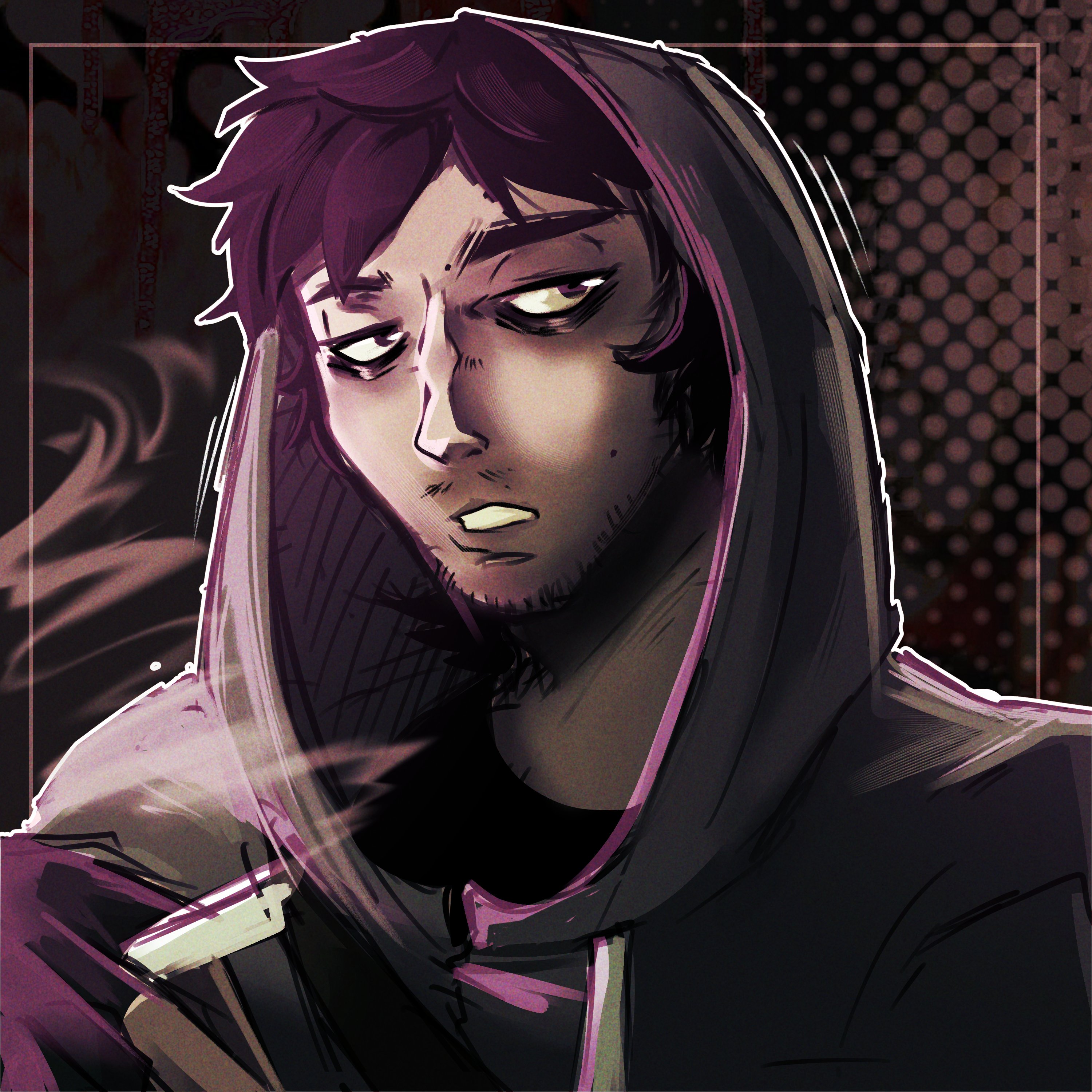 just karmx, simon henriksson, cry of fear, absurdres, commentary, english commentary, highres, 1boy, bags under eyes, beard stubble, black eyes, black hair, black shirt, cigarette, facial hair, grey hoodie, halftone, holding, holding cigarette, hood, hood up, hoodie, low twintails, male focus, parted lips, portrait, shirt, short hair, smoke, smoke trail, solo, stubble, t-shirt, twintails