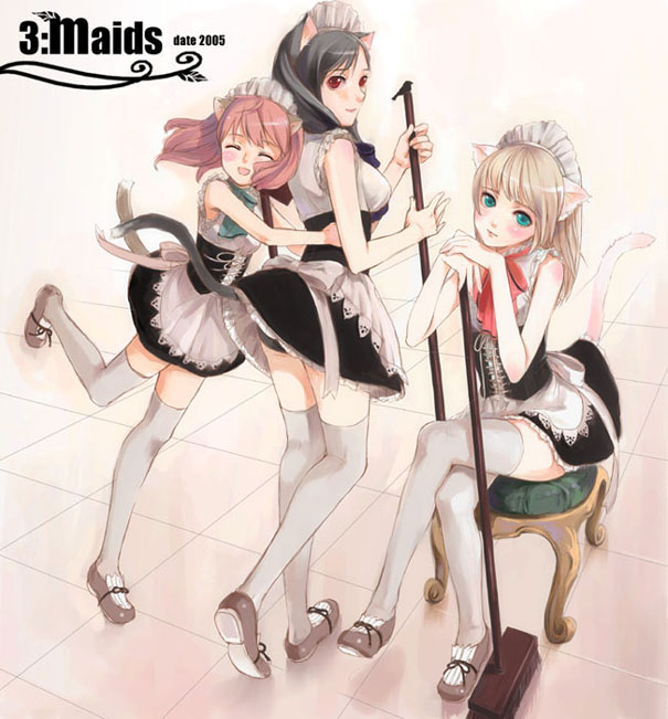 kasukabe akira, white legwear, 3girls, animal ears, aqua eyes, black hair, blonde hair, blush, broom, brown eyes, brown hair, cat ears, cat tail, chair, closed eyes, crossed legs, flat chest, green eyes, happy, head rest, hug, hug from behind, leg up, looking at viewer, looking back, maid, maid headdress, multiple girls, open mouth, red hair, sitting, smile, tail, thighhighs