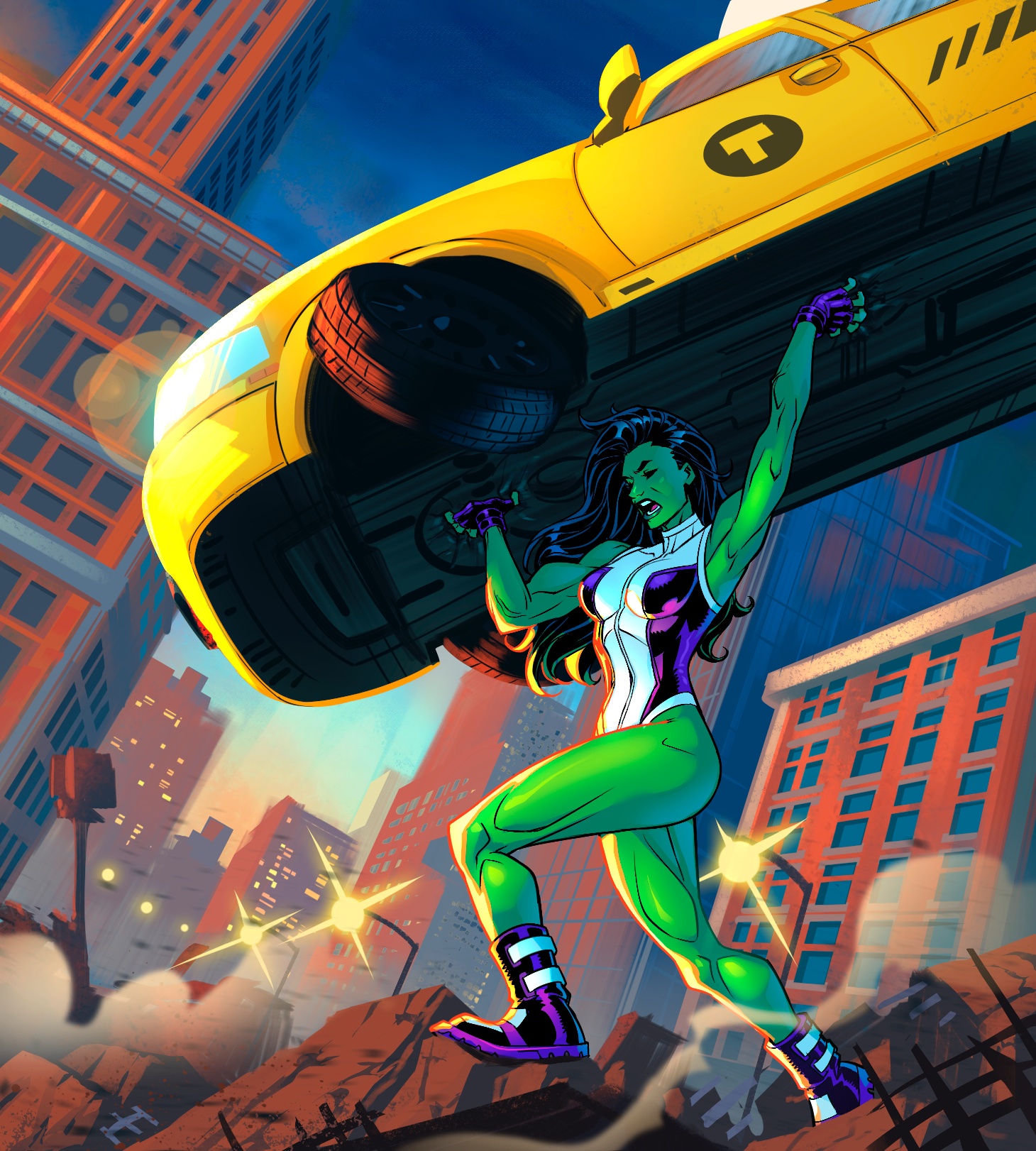 joeyvazquezart, jennifer walters, she-hulk, marvel, commentary, english commentary, highres, official art, 1girl, blue sky, boots, city, closed eyes, colored skin, fingerless gloves, gloves, green hair, green skin, lamppost, leotard, lifting vehicle, long hair, multicolored leotard, muscular, muscular female, open mouth, outdoors, purple boots, purple gloves, purple leotard, rubble, sky, solo, superhero costume, taxi, transformation, two-tone leotard, white leotard