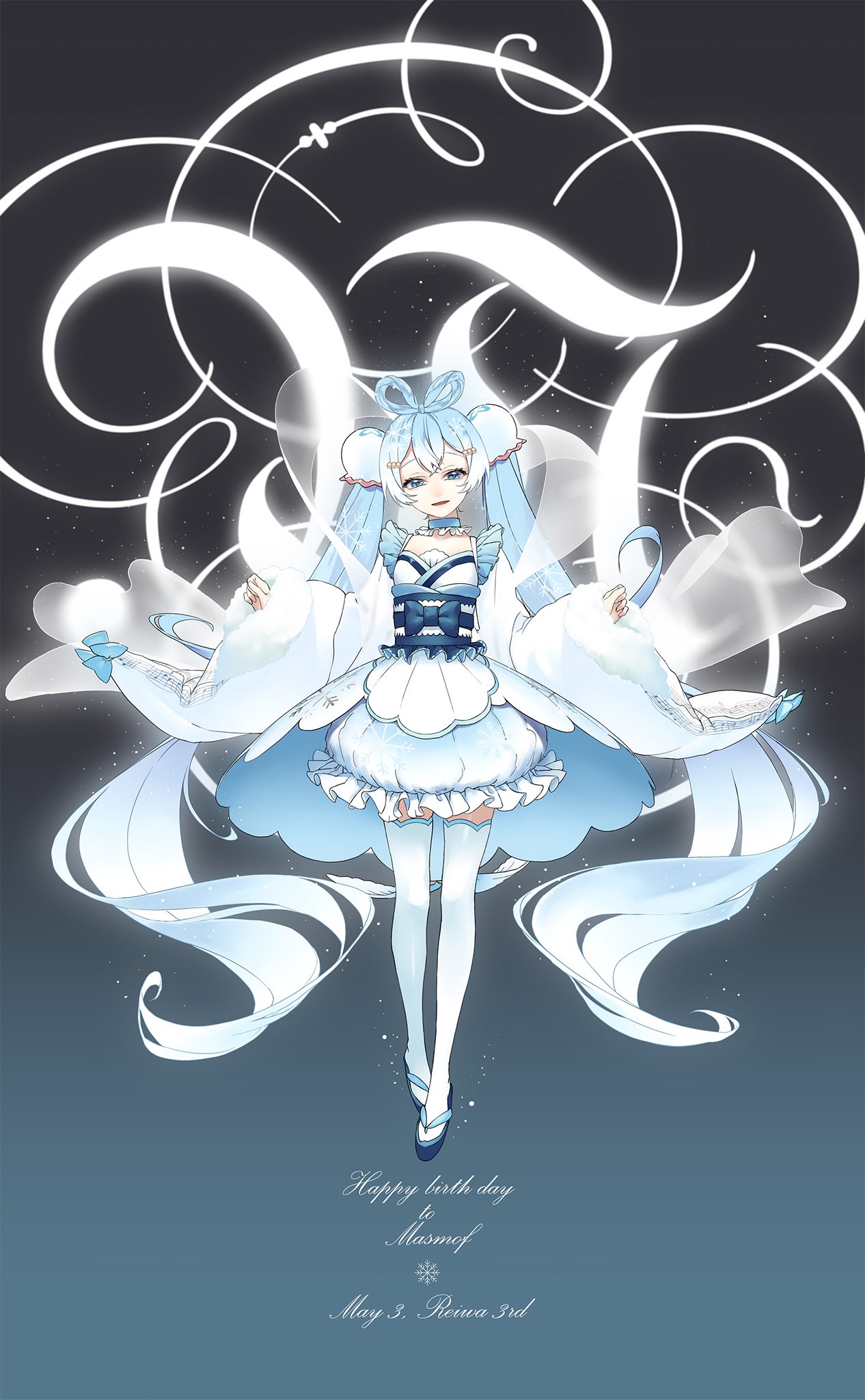 rsk (tbhono), hatsune miku, yuki miku, yuki miku (2022) (applicant), vocaloid, commentary, highres, second-party source, 1girl, aqua hair, black sandals, blue eyes, borrowed design, breasts, full body, gift art, glowing clothes, gradient hair, hagoromo, hair between eyes, hair ornament, hair rings, happy birthday, japanese clothes, kimono, long hair, long sleeves, looking at viewer, multicolored hair, musical note, musical note print, musical staff, musical staff print, open mouth, sandals, shawl, small breasts, snowflake print, solo, thighhighs, twintails, very long hair, white hair, white kimono, white sleeves, white thighhighs, wide sleeves, zettai ryouiki