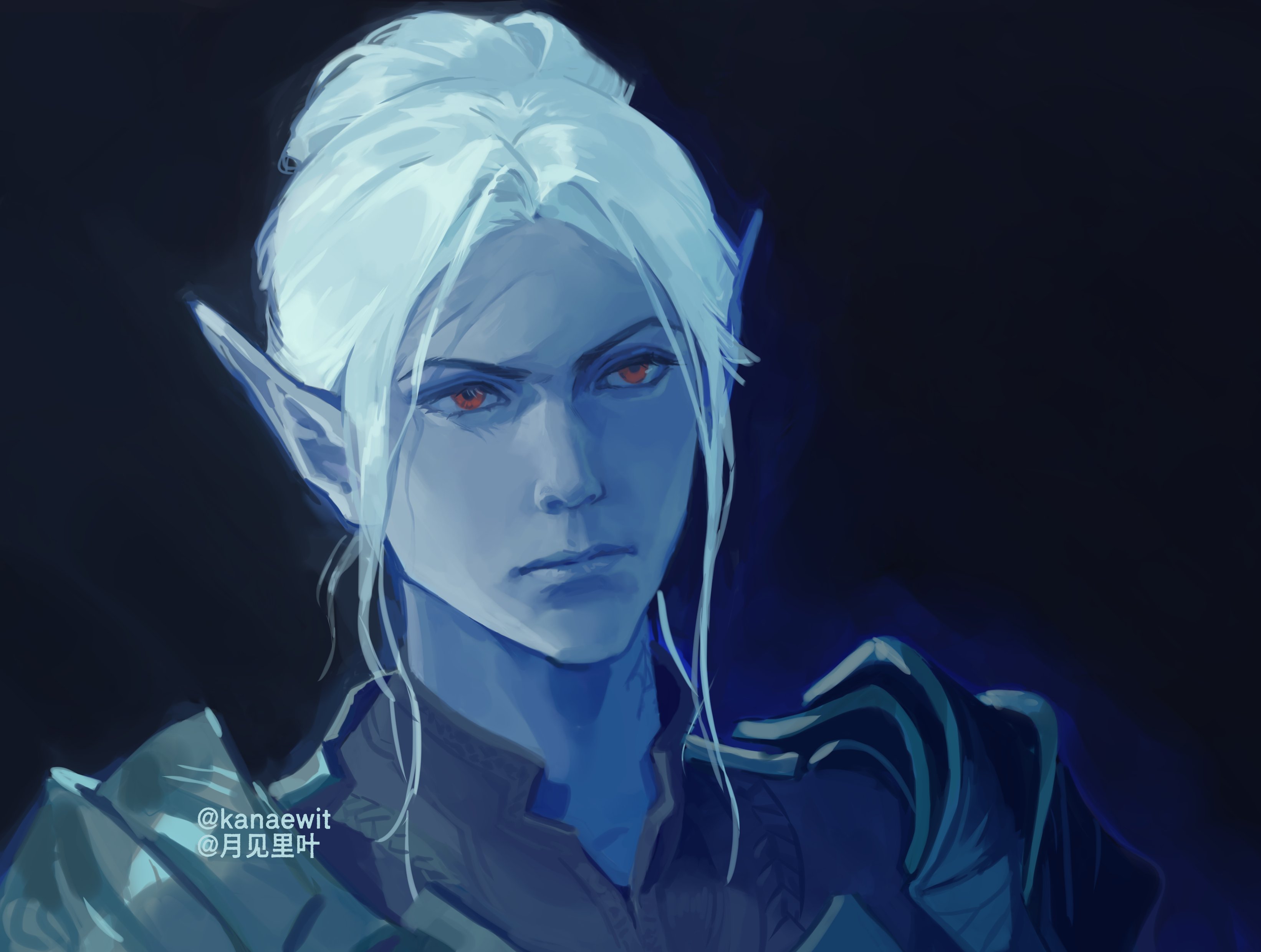 kanaewit, minthara, baldur's gate, baldur's gate 3, dungeons & dragons, dungeons & dragons, absurdres, commentary, english commentary, highres, 1girl, armor, black background, closed mouth, colored skin, dark elf, elf, grey skin, hair bun, neck tattoo, pauldrons, pointy ears, red eyes, short hair, shoulder armor, single hair bun, solo, tattoo, twitter username, upper body, white hair