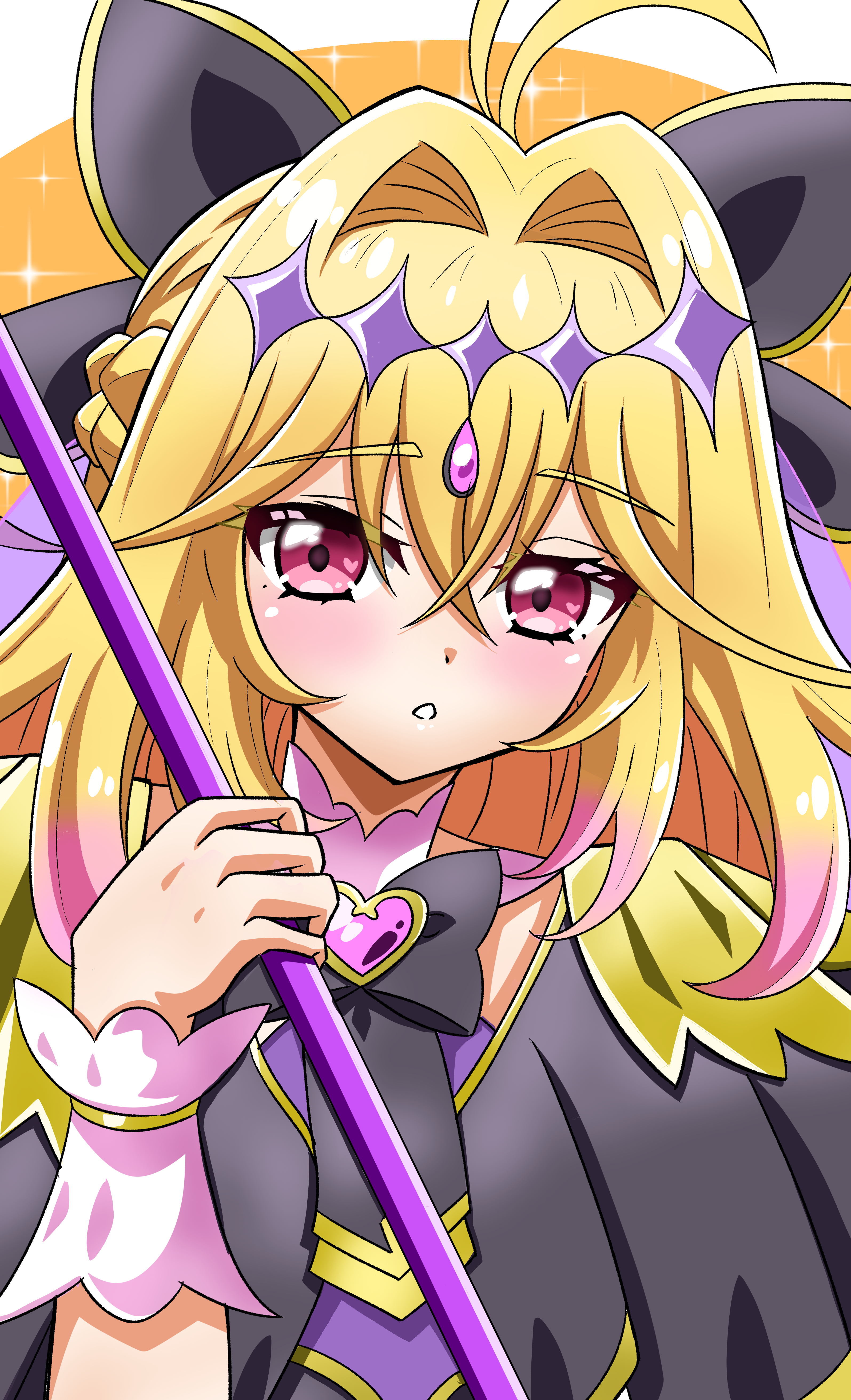 suke (suke3513 pad), precure, absurdres, commentary, highres, 1girl, antenna hair, black bow, black capelet, blonde hair, blush, bow, brooch, capelet, crossed bangs, cure arcana shadow, dot nose, gradient hair, hair between eyes, hair intakes, heart, heart brooch, heart in eye, holding, holding staff, jewelry, long hair, looking at viewer, magical girl, meitantei precure!, moria ruruka, multicolored hair, orange background, parted lips, pink eyes, pink hair, purple veil, solo, sparkle, staff, symbol in eye, upper body, veil