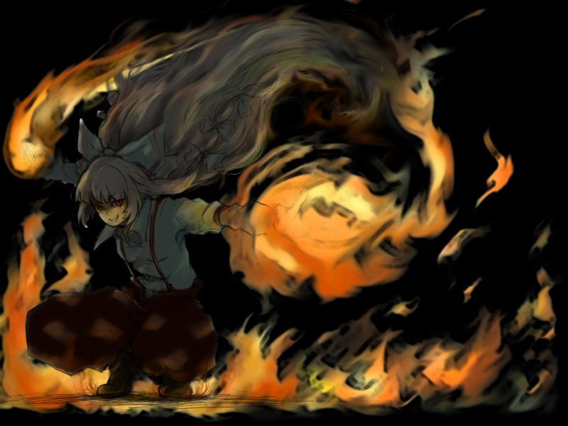 buroko, fujiwara no mokou, touhou, artist request, 1girl, black background, black theme, dark, female focus, fire, full body, grin, hair ribbon, long hair, magic, outstretched arms, red eyes, ribbon, shirt, shoes, smile, solo, spread arms, squatting, suspenders, white shirt