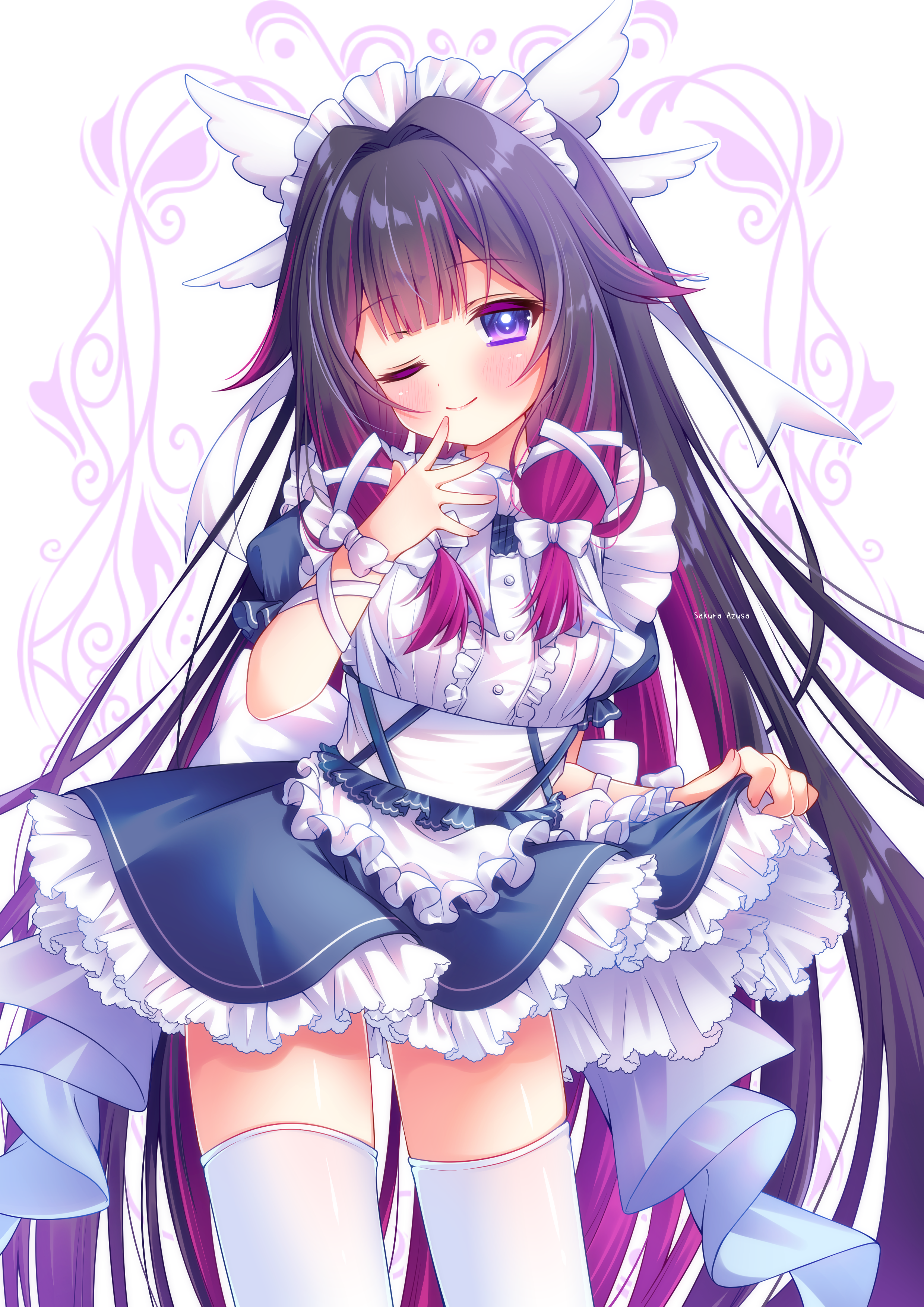 168 azusa, columbina (genshin impact), genshin impact, absurdres, commentary request, highres, 1girl, apron, black hair, black skirt, blush, bow, center frills, closed mouth, clothes lift, colored inner hair, feathered wings, fingernails, frilled apron, frills, gradient hair, hair bow, hair ribbon, head wings, layered skirt, lifting own clothes, long hair, long sidelocks, looking at viewer, maid, maid apron, maid headdress, multicolored hair, multiple wings, one eye closed, pink hair, purple eyes, ribbon, sidelocks, skirt, skirt lift, smile, solo, thighhighs, very long hair, white apron, white bow, white ribbon, white thighhighs, wings, wrist ribbon, zettai ryouiki