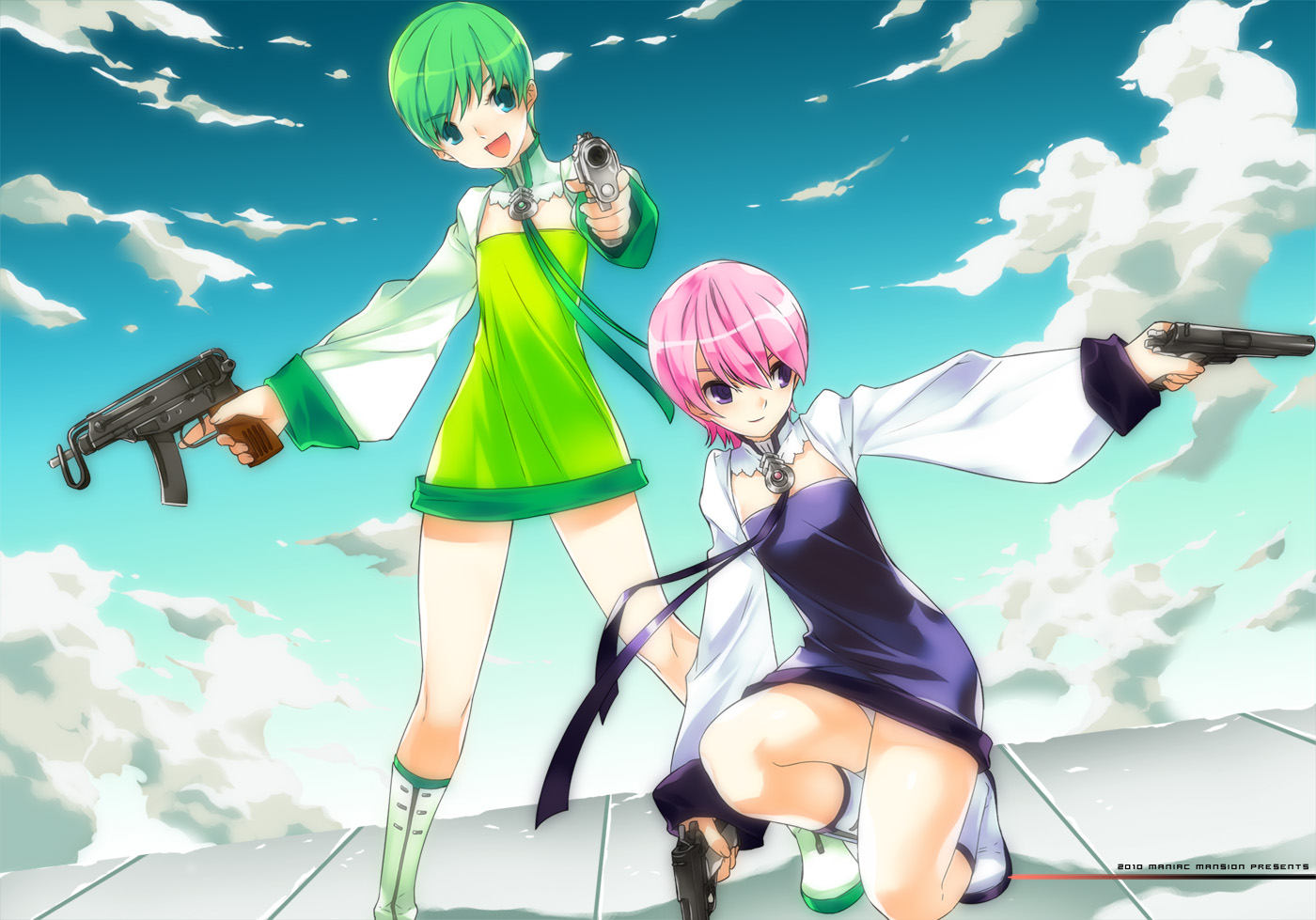 ress, 2girls, cloud, day, dress, green hair, gun, multiple girls, open mouth, panties, pink hair, purple eyes, short hair, underwear, weapon