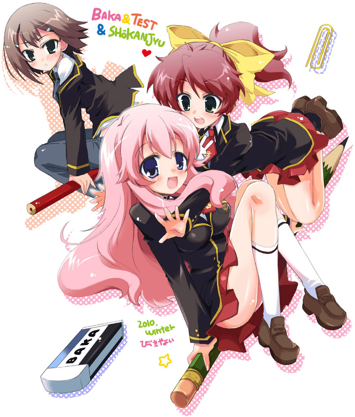 himeji mizuki, kinoshita hideyoshi, shimada minami, baka to test to shoukanjuu, black neckwear, red neckwear, white legwear, artist request, translation request, 3girls, black socks, blazer, blue eyes, blush, bow, brown hair, copyright name, denim, eraser, female focus, hair bow, hair ornament, hairclip, jacket, japanese text, jeans, kneehighs, legs, loafers, long hair, long sleeves, miniskirt, multiple girls, necktie, open mouth, pants, pencil, pink hair, ponytail, red hair, red skirt, school uniform, shiny skin, shirt, shoes, short hair, sitting, skirt, smile, socks, text focus, very long hair, wavy hair, white shirt