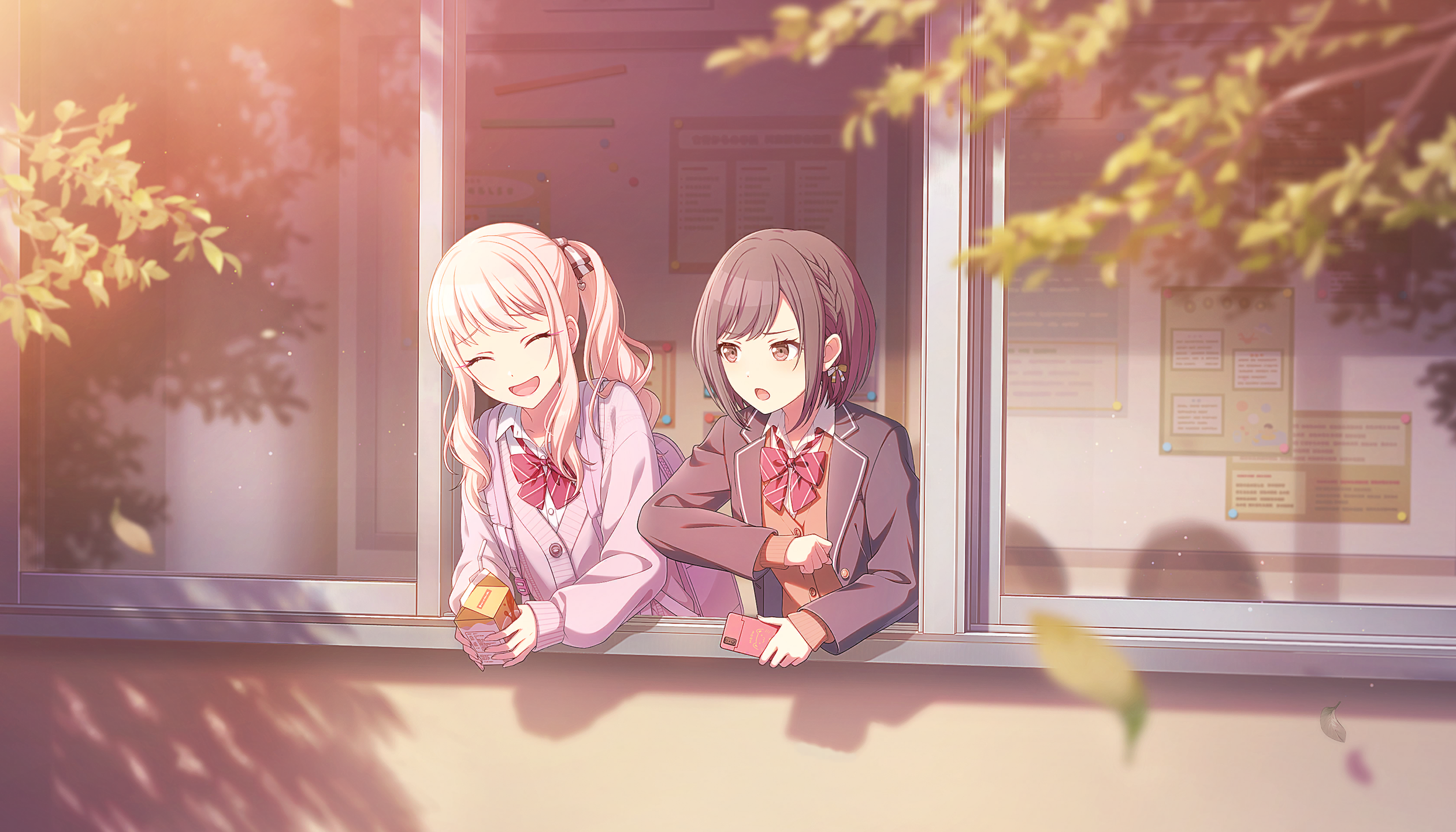 colorful palette, akiyama mizuki, shinonome ena, project sekai, game cg, highres, official art, third-party source, 1girl, 1other, :o, arm up, bag, blazer, blurry, bow, bowtie, braid, brown cardigan, brown eyes, brown hair, cardigan, closed eyes, collared shirt, depth of field, diagonal-striped bow, diagonal-striped bowtie, diagonal-striped clothes, drill hair, drill ponytail, drink carton, hair ribbon, high side ponytail, holding, holding juice box, holding phone, jacket, juice box, kamiyama high school uniform (project sekai), laughing, leaf, light blush, medium hair, open mouth, open window, phone, pink cardigan, pink hair, raised eyebrows, ribbon, samenai gensou wo nokku shite (project sekai), school, school bag, school uniform, shirt, short hair, side braid, single braid, smile, striped bow, striped bowtie, striped clothes, tree, twin drills, white shirt, window