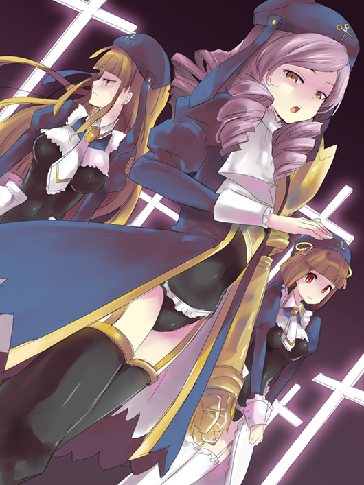 kl (dgzonbi), cornelia (umineko), dlanor a. knox, eiserne jungfrau, gertrude (umineko), 07th expansion, no naku koro ni (series), umineko no naku koro ni, 00s, 3girls, brown hair, drill hair, multiple girls, purple hair, red eyes, thighhighs, yellow eyes