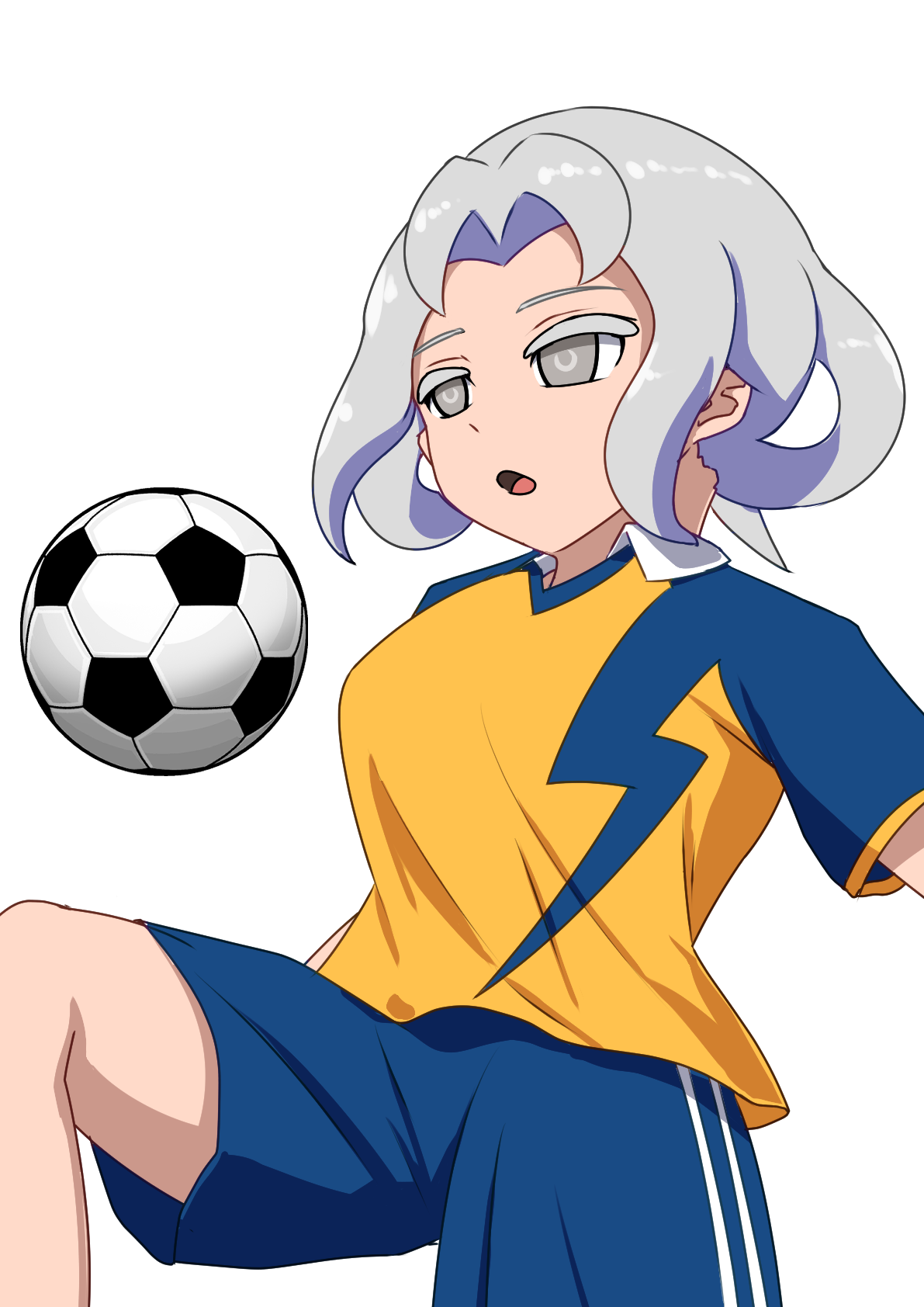 notogoro, akasode matsuri (inazuma eleven), inazuma eleven (series), inazuma eleven victory road, 1girl, ball, blue shorts, breasts, grey hair, open mouth, raimon, raimon soccer uniform, shorts, simple background, soccer ball, soccer uniform, solo, sportswear, white background