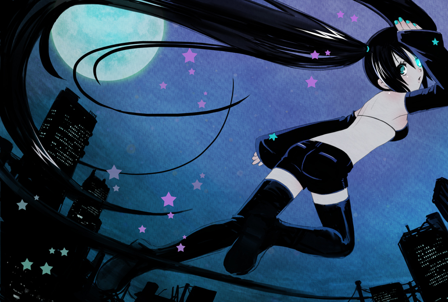 yumigon, black rock shooter (character), black rock shooter, bad id, bad pixiv id, 10s, 1girl, bikini, bikini top only, black hair, cityscape, female focus, moon, outdoors, shorts, sky, solo, star (symbol), swimsuit, thighhighs, twintails, zettai ryouiki