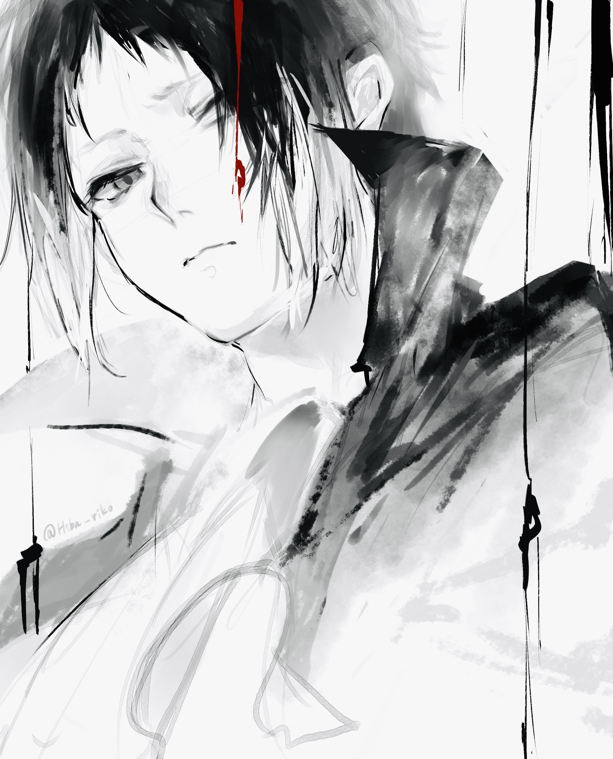 hiba riko, akutagawa ryuunosuke (bungou stray dogs), bungou stray dogs, absurdres, commentary request, highres, 1boy, closed mouth, coat, greyscale, high collar, looking at viewer, male focus, monochrome, short hair, simple background, solo, twitter username, white background