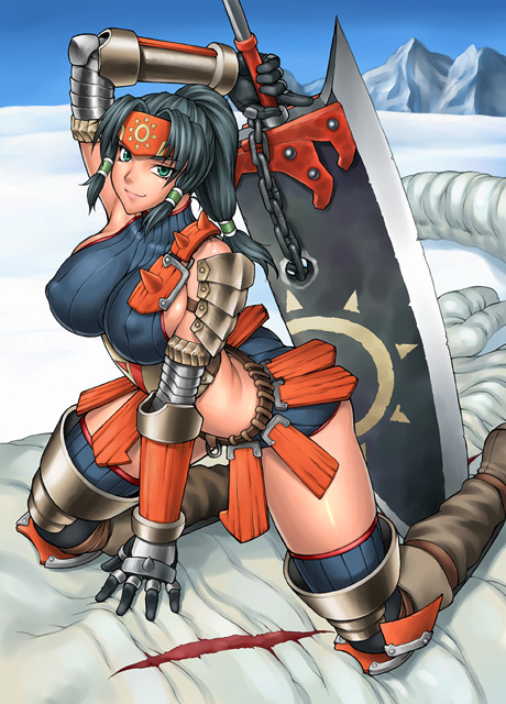 bang-you, kuroobi (one piece), capcom, monster hunter (series), monster hunter g, 1girl, arm support, armor, black hair, breasts, elbow gloves, female focus, gloves, green eyes, huge breasts, huge weapon, kneeling, kuroobi (armor), midriff, ponytail, solo, sword, thighhighs, weapon