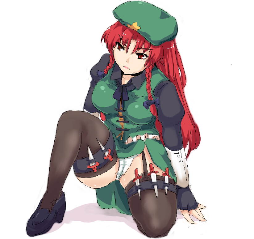 magukappu, hong meiling, embodiment of scarlet devil, touhou, 1girl, beret, black thighhighs, bow, braid, female focus, hair bow, hat, knife, long hair, panties, pantyshot, red eyes, red hair, solo, squatting, thighhighs, throwing knife, twin braids, underwear, weapon, white panties