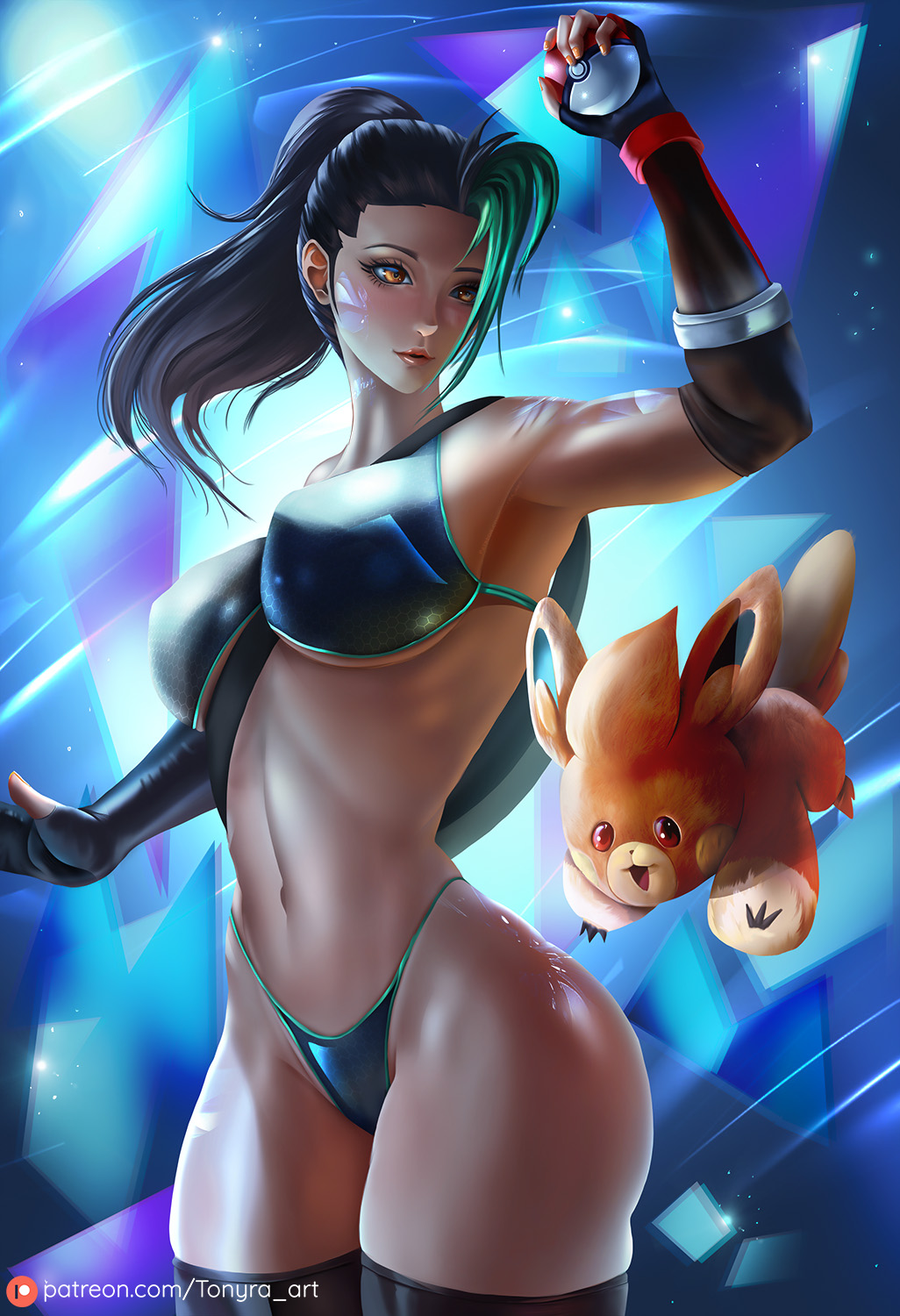 tonyra, nemona (pokemon), nintendo, pokemon, pokemon masters ex, pokemon swsh, commentary, english commentary, highres, arm up, ass, bikini, black thighhighs, blush, breasts, covered erect nipples, fingerless gloves, gloves, hand up, huge ass, large breasts, lipstick, makeup, navel, patreon logo, patreon username, poke ball, pokemon (creature), ponytail, swimsuit, thighhighs