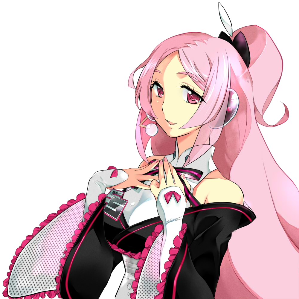 konakonagona, macne coco, apple inc., macne series, bad id, bad pixiv id, 1girl, female focus, headset, long hair, macintosh, nail polish, pink eyes, pink hair, pink nails, ponytail, ribbon, solo