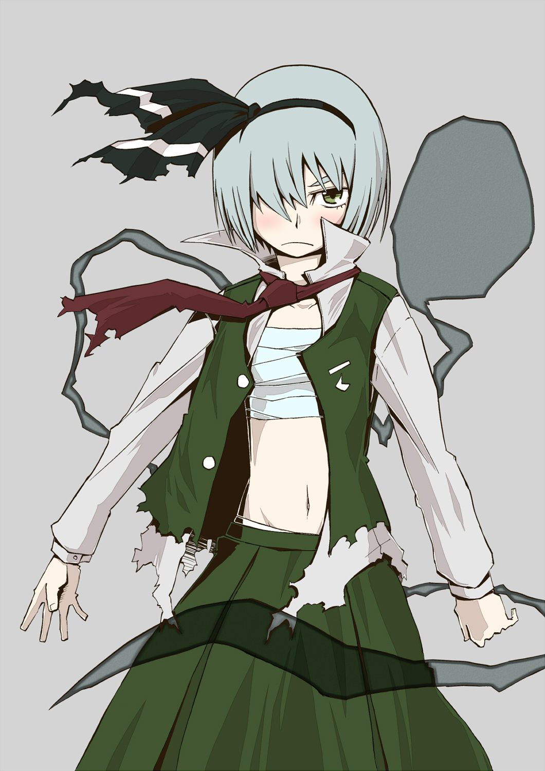 karu (ishiken), konpaku youmu, konpaku youmu (ghost), touhou, silver hair, highres, 1girl, female focus, frown, green eyes, hair over one eye, hairband, navel, open clothes, open shirt, sarashi, scarf, shirt, short hair, simple background, solo, torn clothes