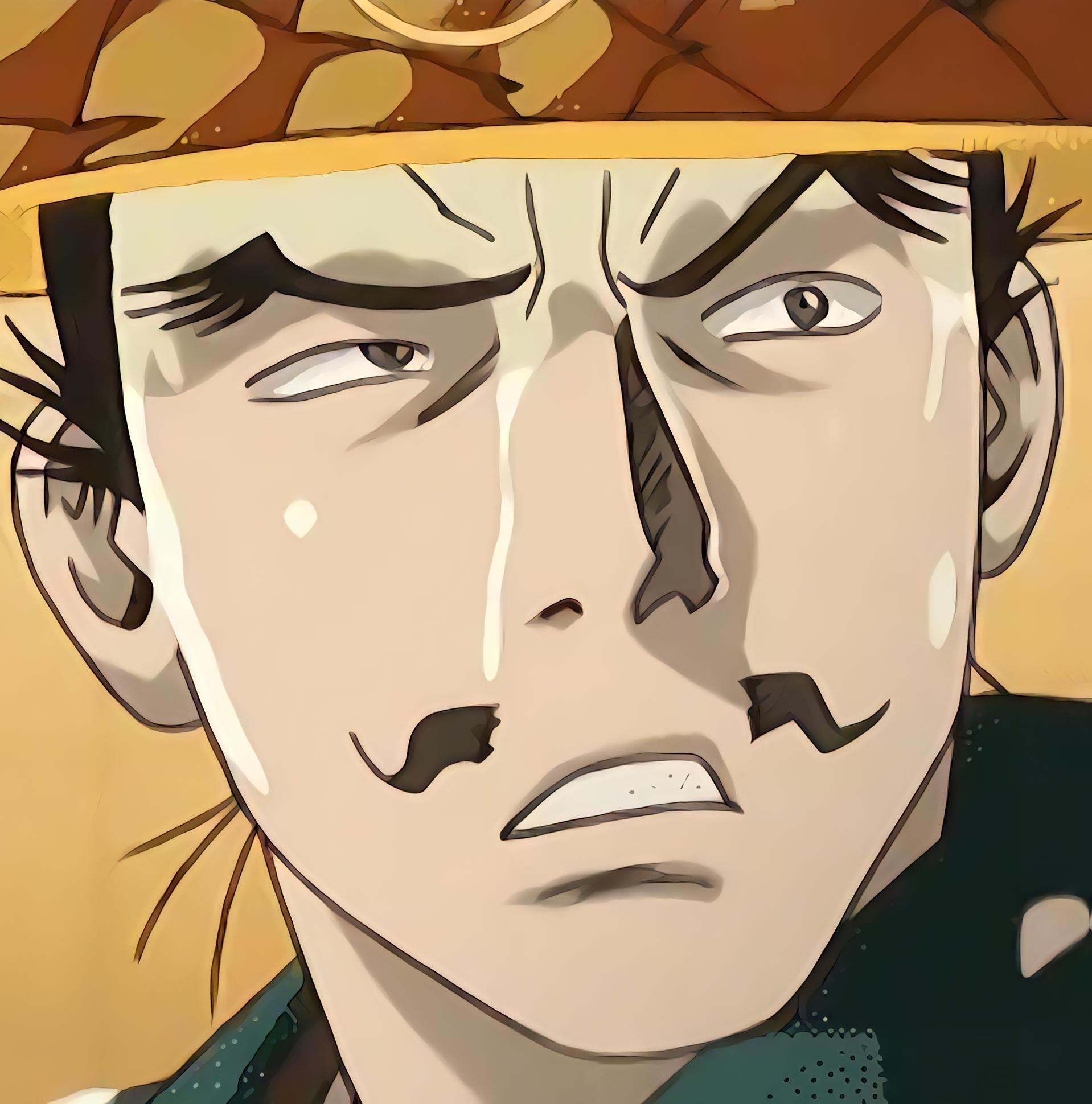 hyougetsu nagare, 1boy, brown eyes, brown hair, chinese hat, furuta sasuke, large ears, male focus, yellow background