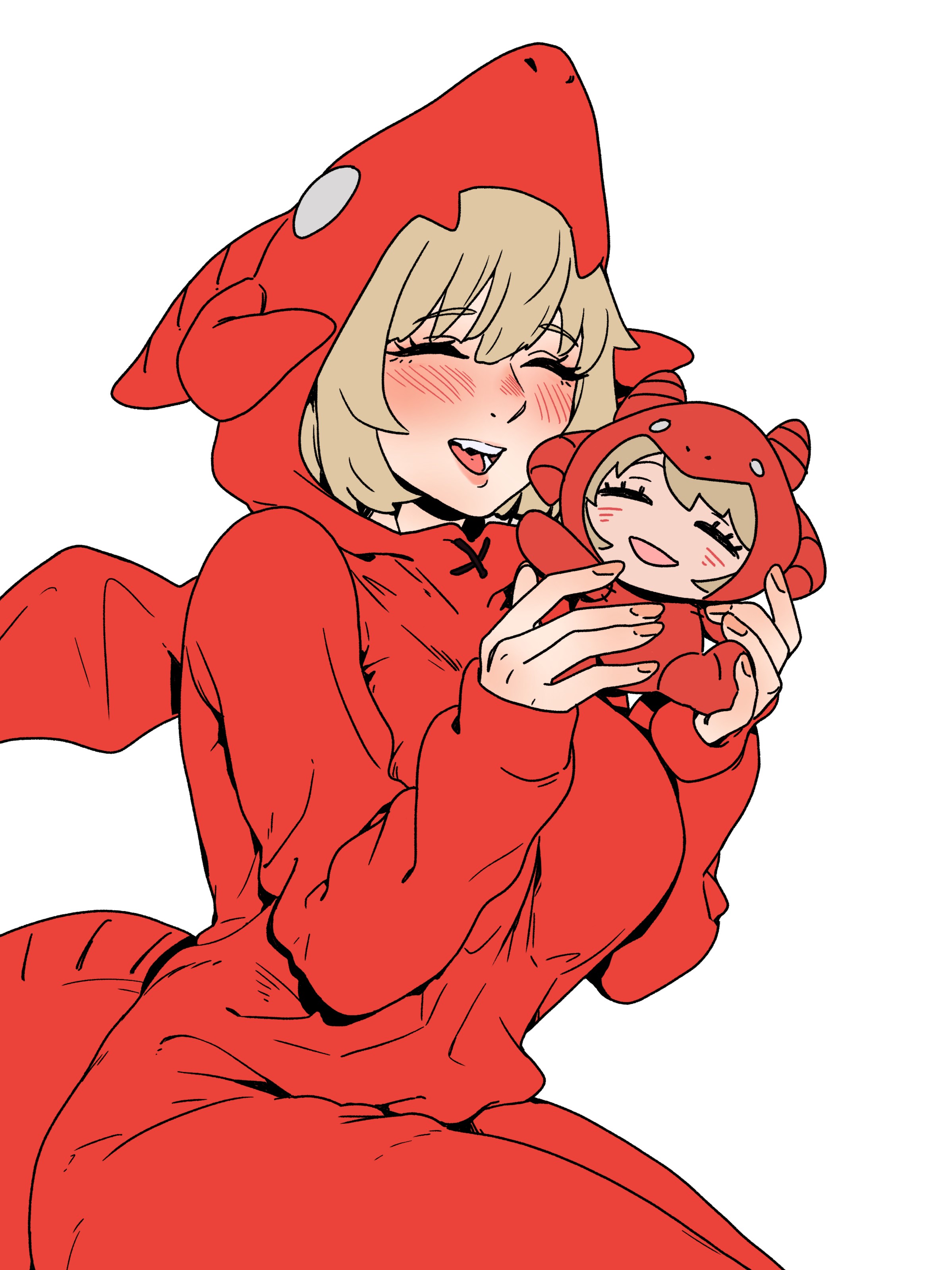 54kmlikeuniform, falin touden, falin touden (tallman), dungeon meshi, absurdres, commentary, hashtag-only commentary, highres, symbol-only commentary, 1girl, :d, ^ ^, animal costume, animal hood, blonde hair, blush, breasts, character doll, chibi, closed eyes, cosplay, doll, dragon costume, fang, fingernails, holding, holding chibi, hood, hood up, kigurumi, large breasts, long sleeves, open mouth, short hair, simple background, smile, teeth, white background