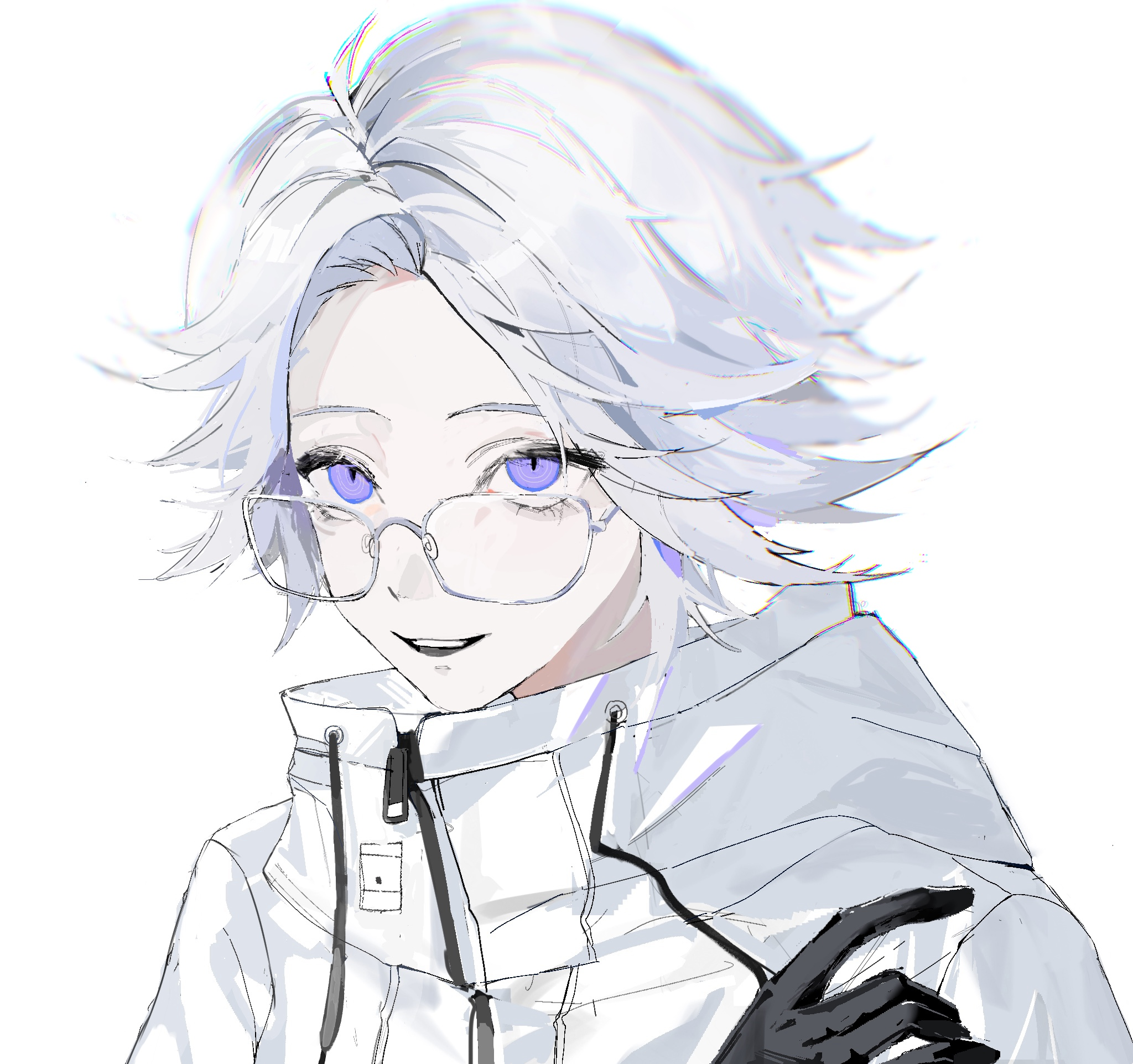 fulu bu xunqiao, aotsuki eito, the hundred line -last defense academy-, chinese commentary, commentary request, highres, 1boy, black gloves, drawstring, glasses, gloves, grey hair, grin, hand up, jacket, looking at viewer, looking over eyewear, male focus, portrait, purple eyes, short hair, simple background, smile, solo, teeth, upper teeth only, white background, white jacket, zipper pull tab