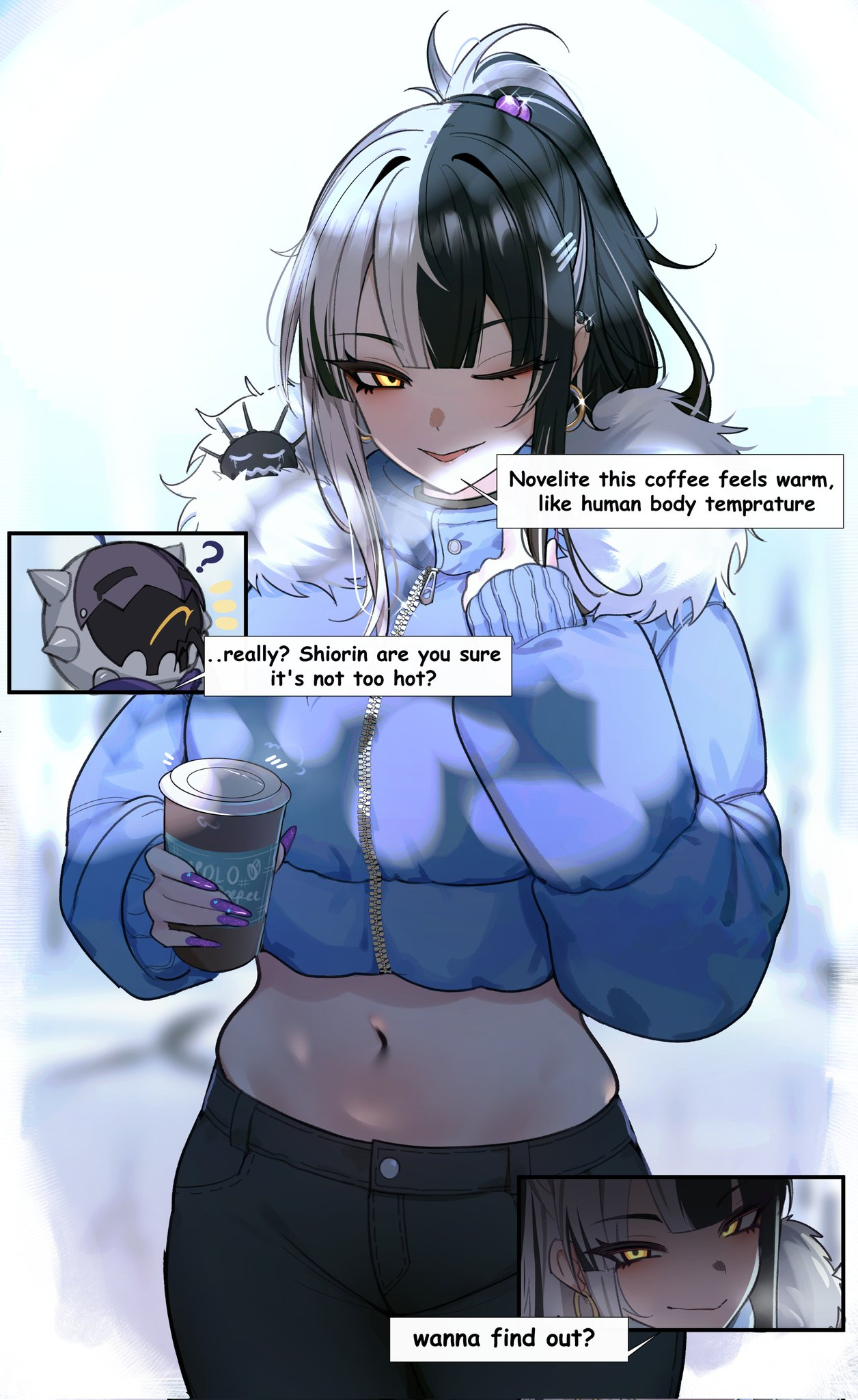 doujenrad, novelites (shiori novella), shiori novella, yorick (shiori novella), hololive, hololive english, commentary, english commentary, highres, blush, coffee, ear piercing, earrings, english text, hair ornament, hoop earrings, jewelry, midriff, multicolored hair, one eye closed, piercing, split-color hair, winter clothes, yellow eyes