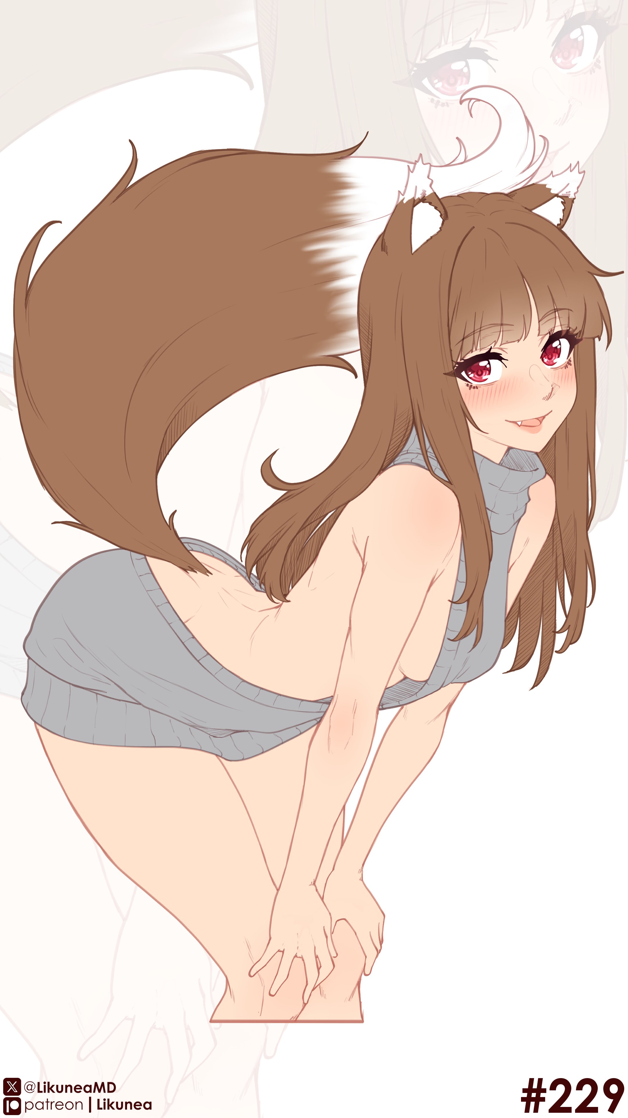 likunea, holo, spice and wolf, absurdres, commentary, english commentary, highres, 1girl, animal ear fluff, animal ears, blunt bangs, blush, breasts, brown hair, fang, grey sweater, long hair, patreon logo, patreon username, red eyes, sideboob, sidelocks, simple background, small breasts, solo, solo focus, sweater, tail, twitter username, twitter x logo, virgin killer sweater, wolf ears, wolf girl, wolf tail, zoom layer