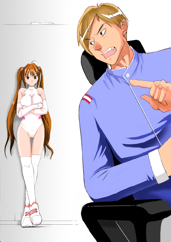 artist request, character request, copyright request, tagme, 1boy, 1girl, breasts, brown hair, cameltoe, large breasts, long hair, short twintails, thighhighs, twintails